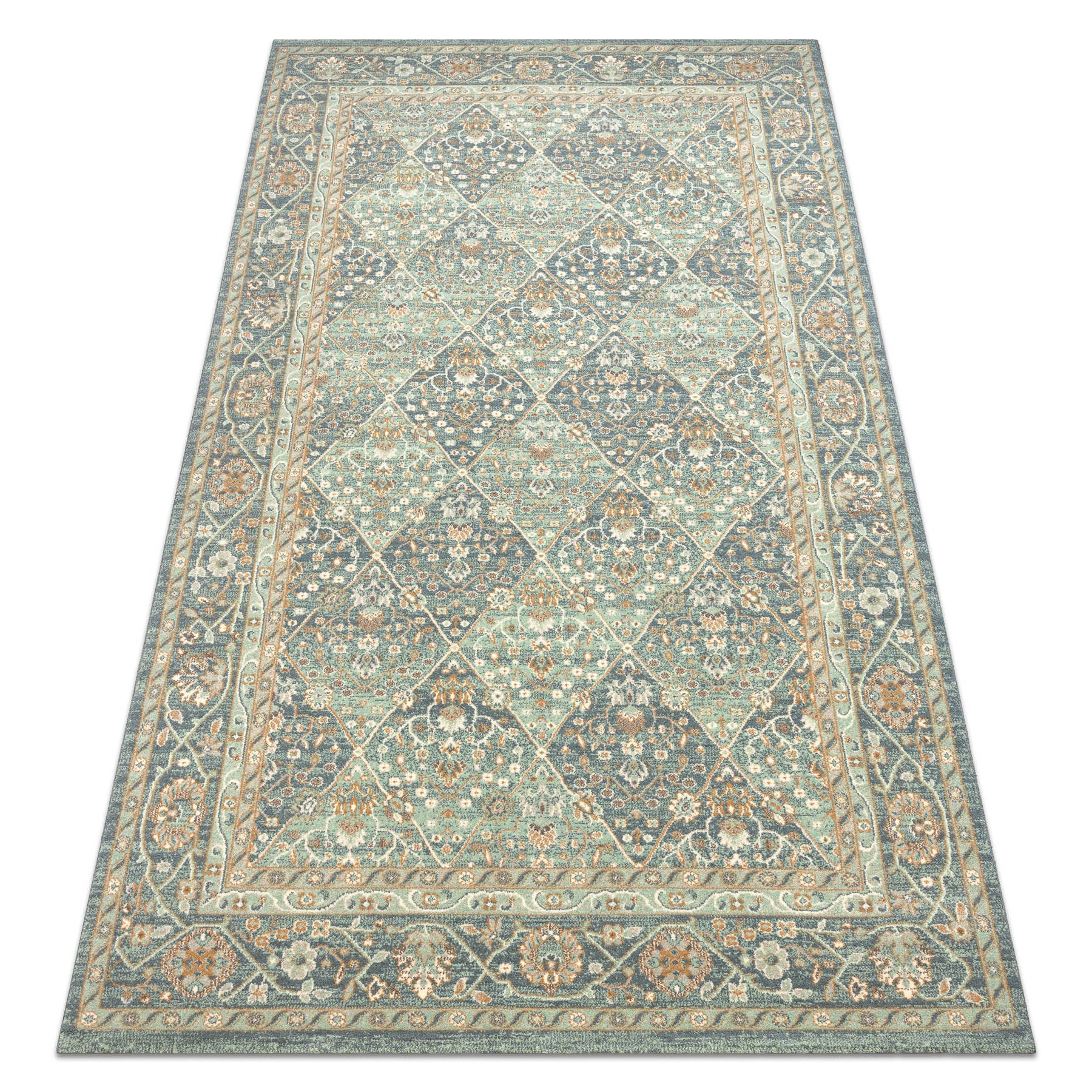 Dywan SOHO 477.27.LA500 wełniany OSTA - Romby, ramka geometryczny naturalny zielony / niebieski 67x130 cm