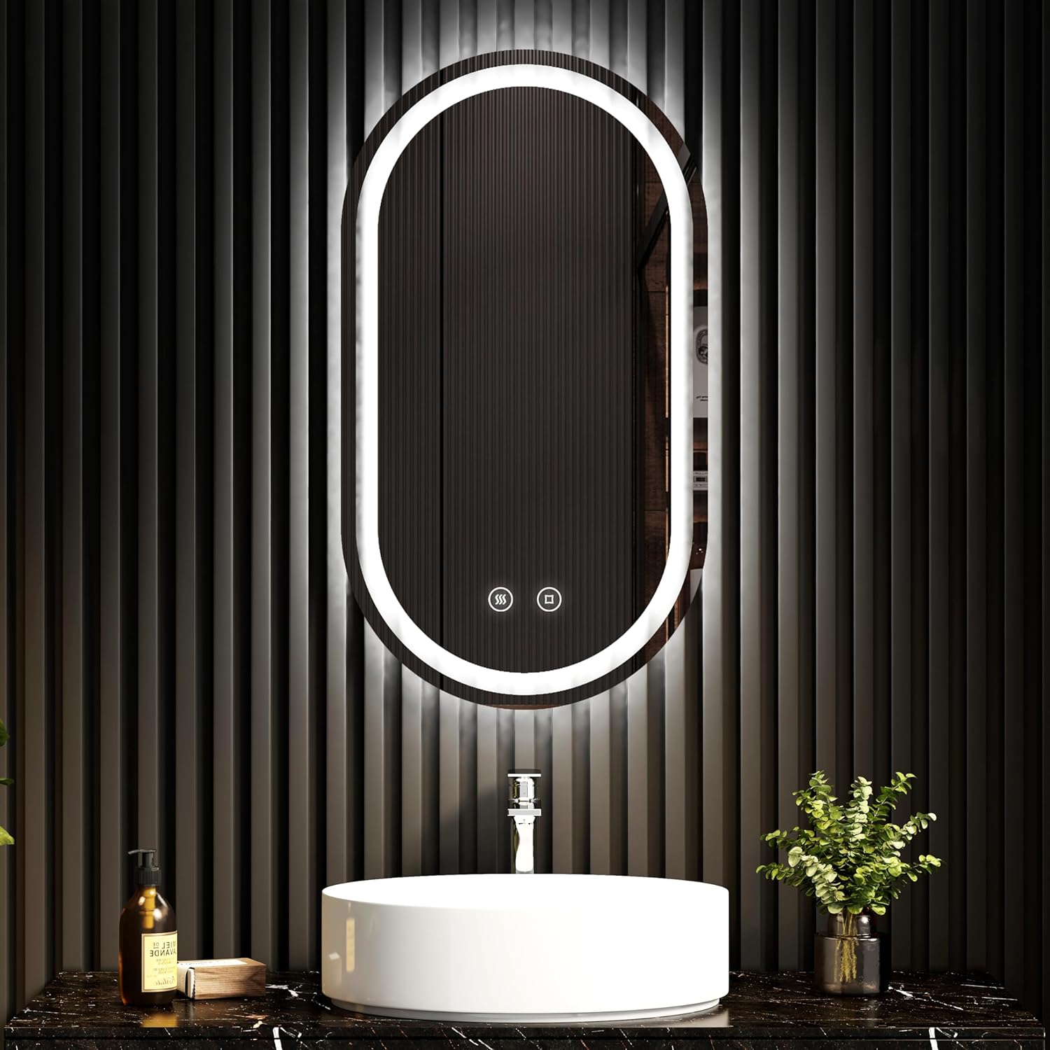 EMKE Owalne Lustro łazienkowe z oświetleniem LED 90x50 cm, z 3 barwy światła, możliwość ściemniania, przeciwmgielne, funkcja pamięci, IP44