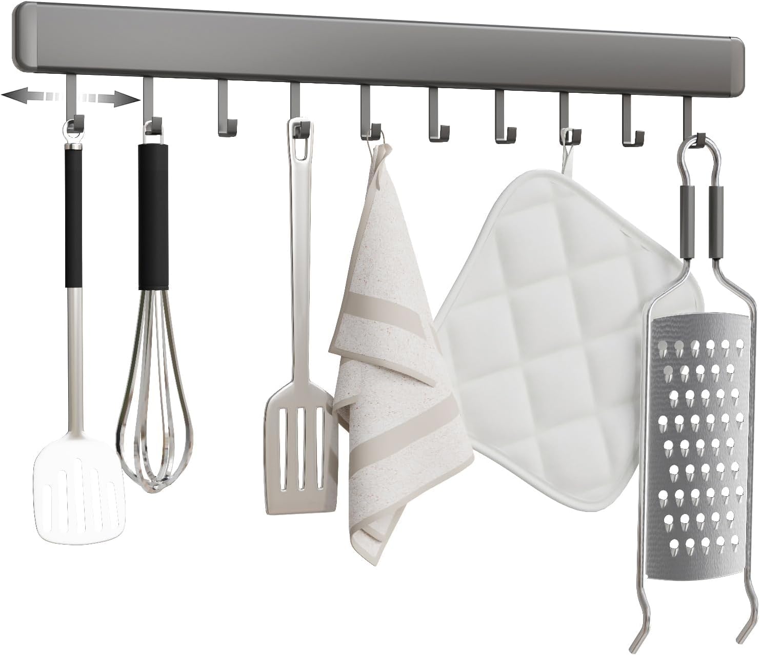 Support Ustensiles Cuisine Sans Perçage à Ventouses - 31 Cm, 10 Crochets Mobiles, Gris - Pour Carrelage, Verre, Métal - 3