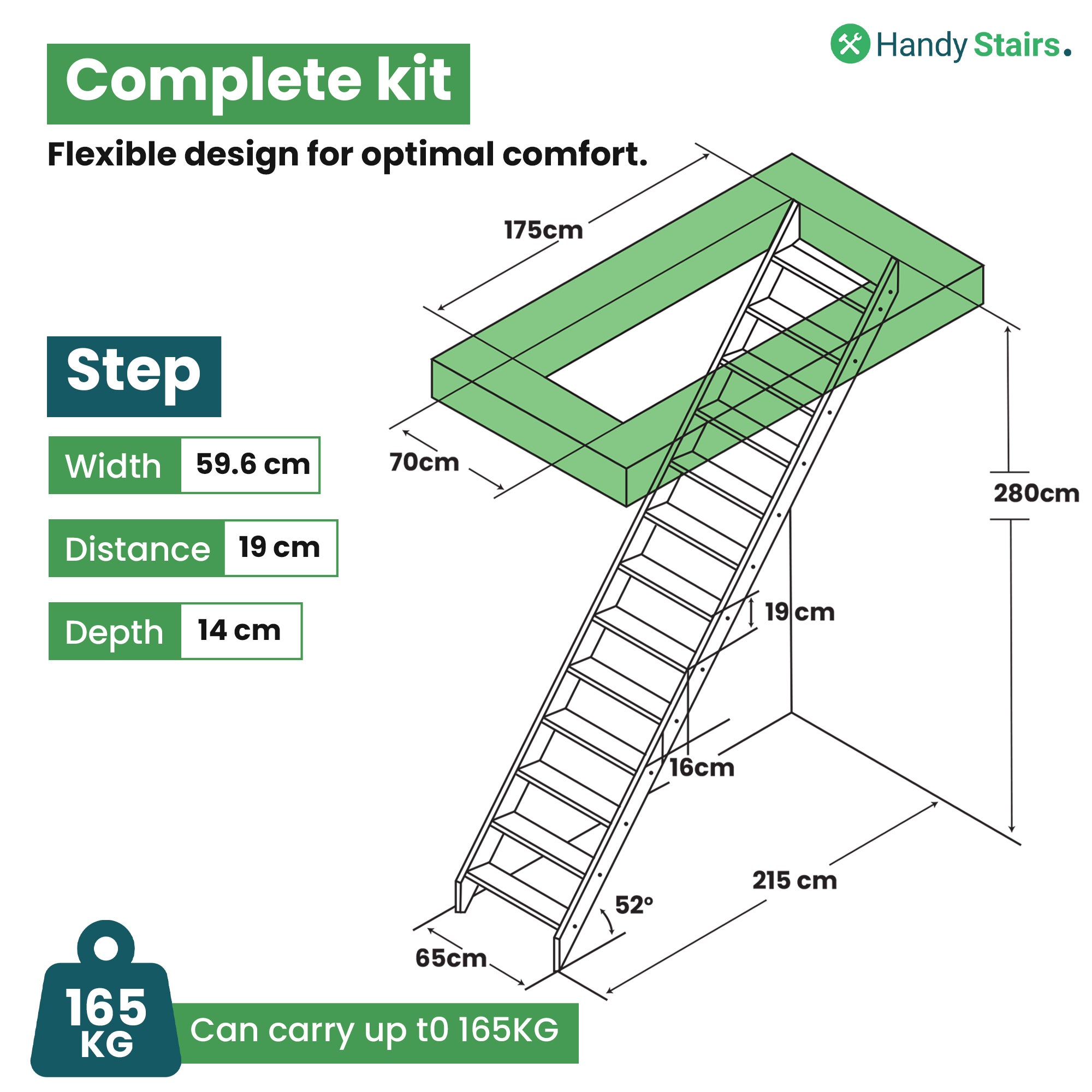 Escalier de meunier peu encombrant MGS65 | 65 cm de large | Hauteur 280 cm - 7
