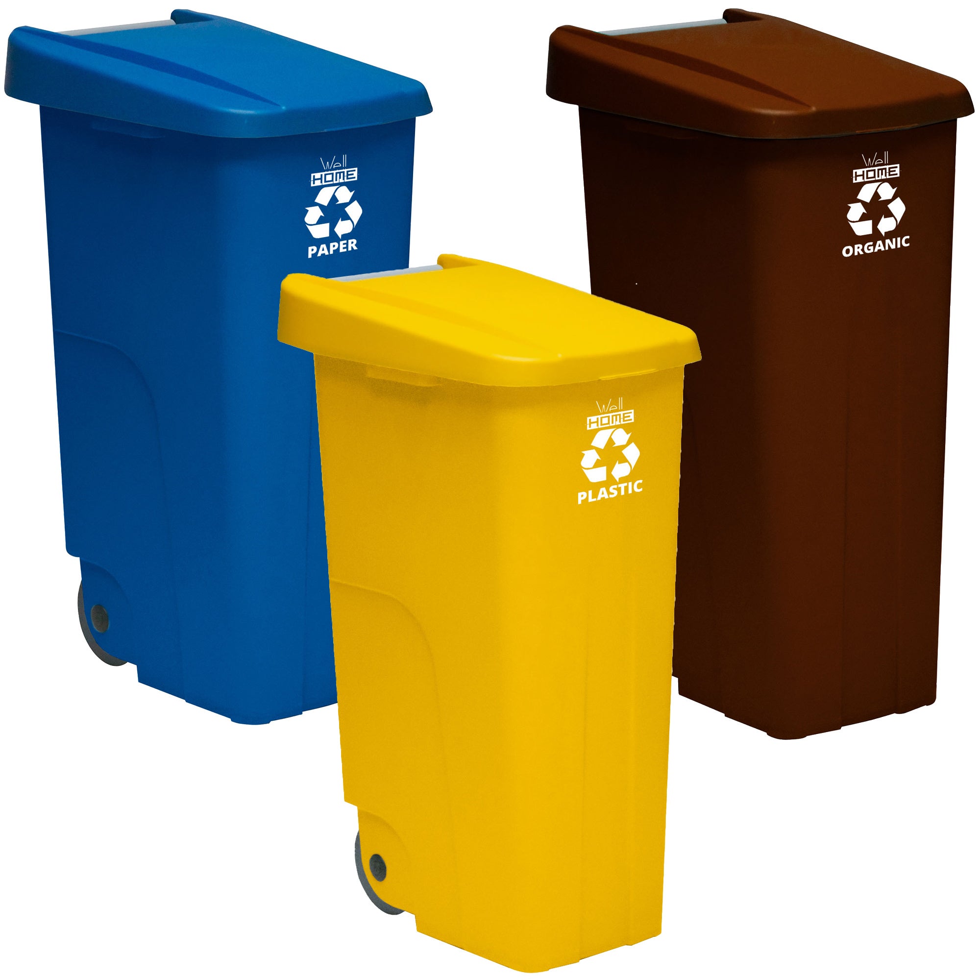 Cubo de basura wellhome reciclo 330 litros totales en 3 contenedores con tapa y ruedas de 110l cada uno