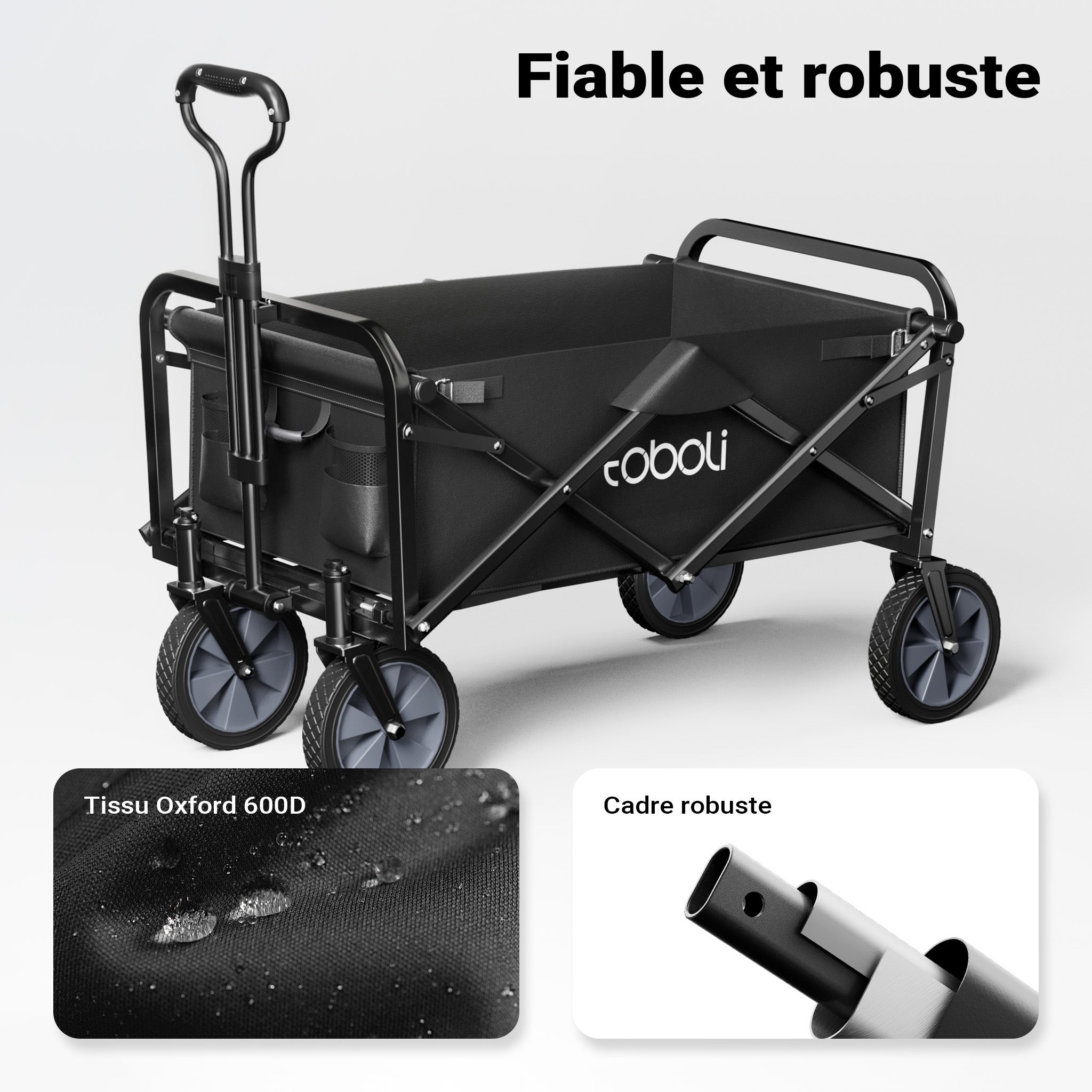 Chariot de transport Enfant Noir Pliable 100 kg avec Roulettes 1020x505x1010 mm Poignée Télescopique Transport Outils Tout-terrain Plage… Toboli - 6