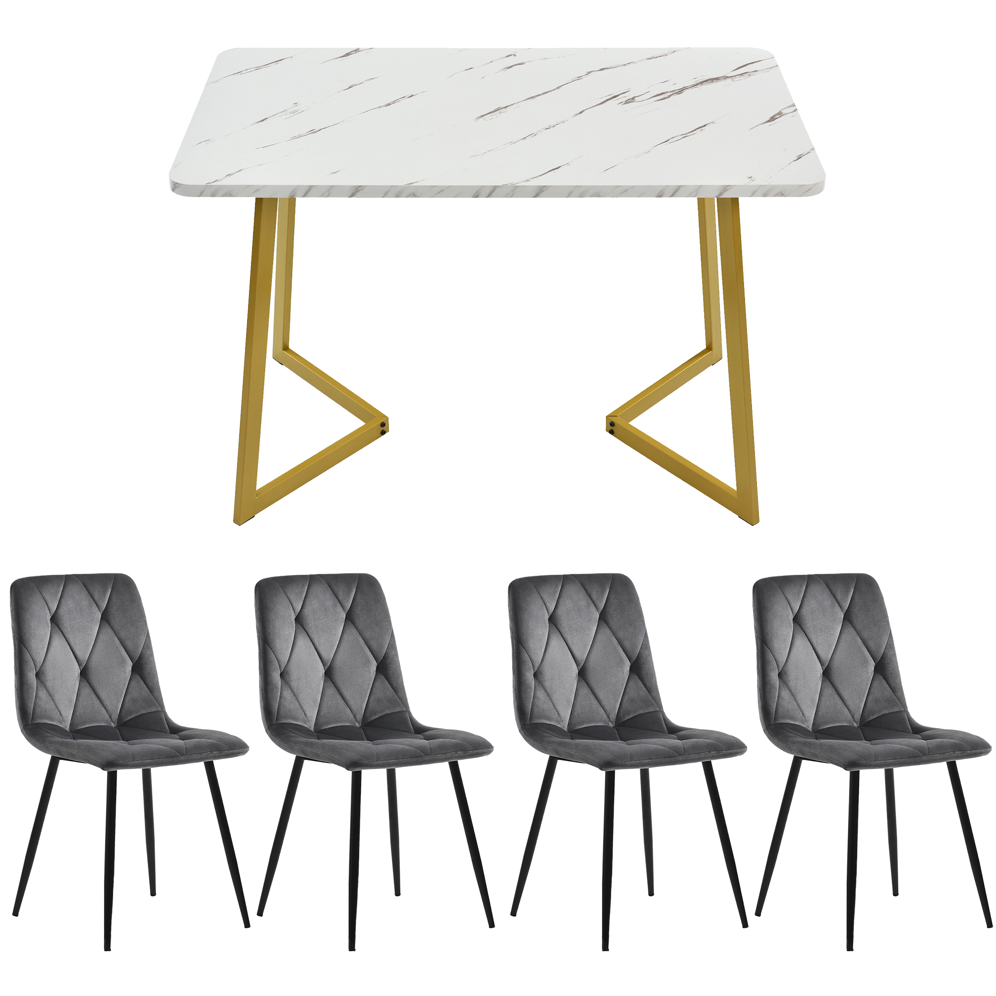 Ensemble table + 4 chaises en velours - pièds en métal doré - gris et blanc - 3