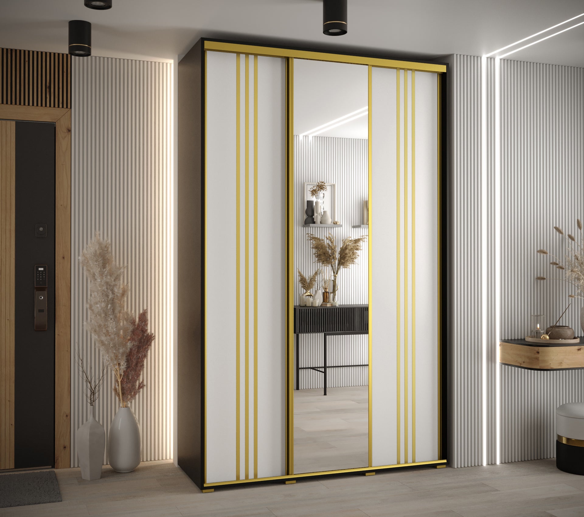 Szafa przesuwna z lustrem wysoka Davos 7 160 x 45 x 235,2 cm czarny + biały + u. złoty - Abiks Meble - 2