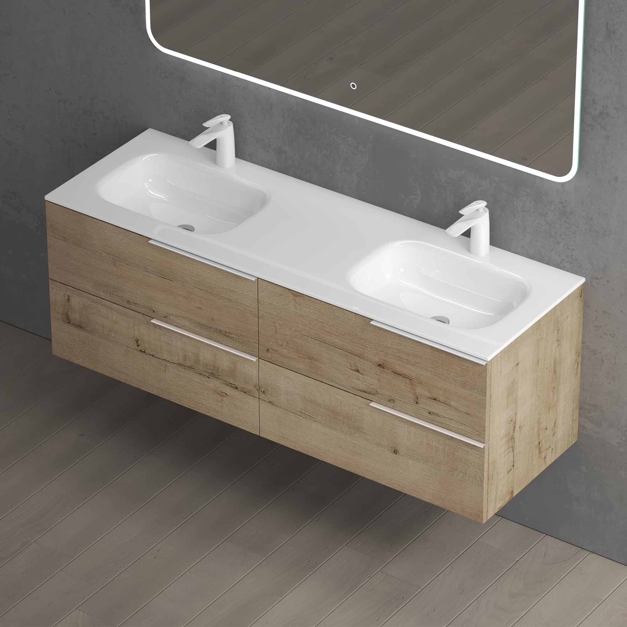 Ensemble Meuble Salle De Bain L 92 + Vasque + 2 Portes + 3 Niches Chene Pin Clair Rome