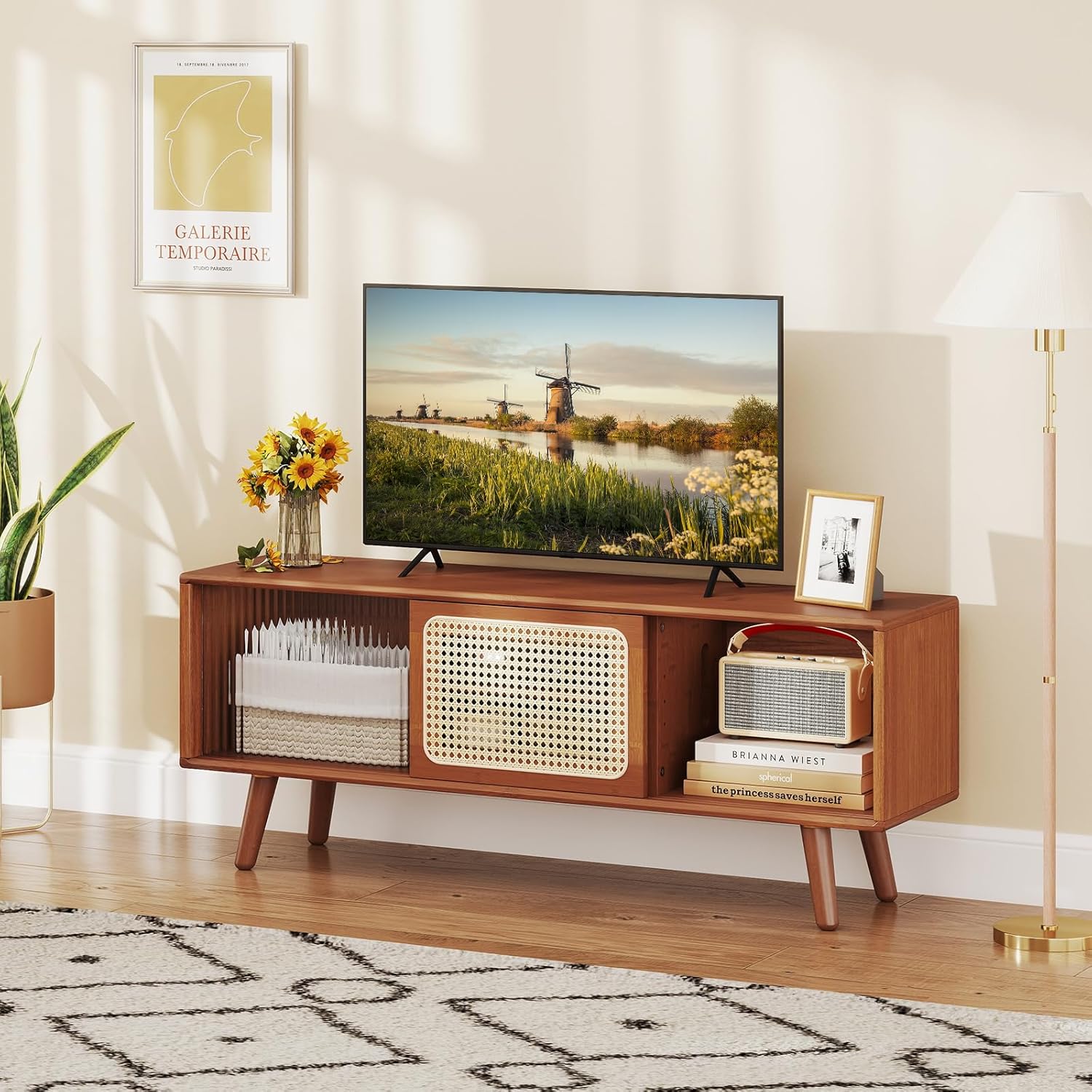 Meuble TV en Bambou avec 4 Compartiments pour TV 55
