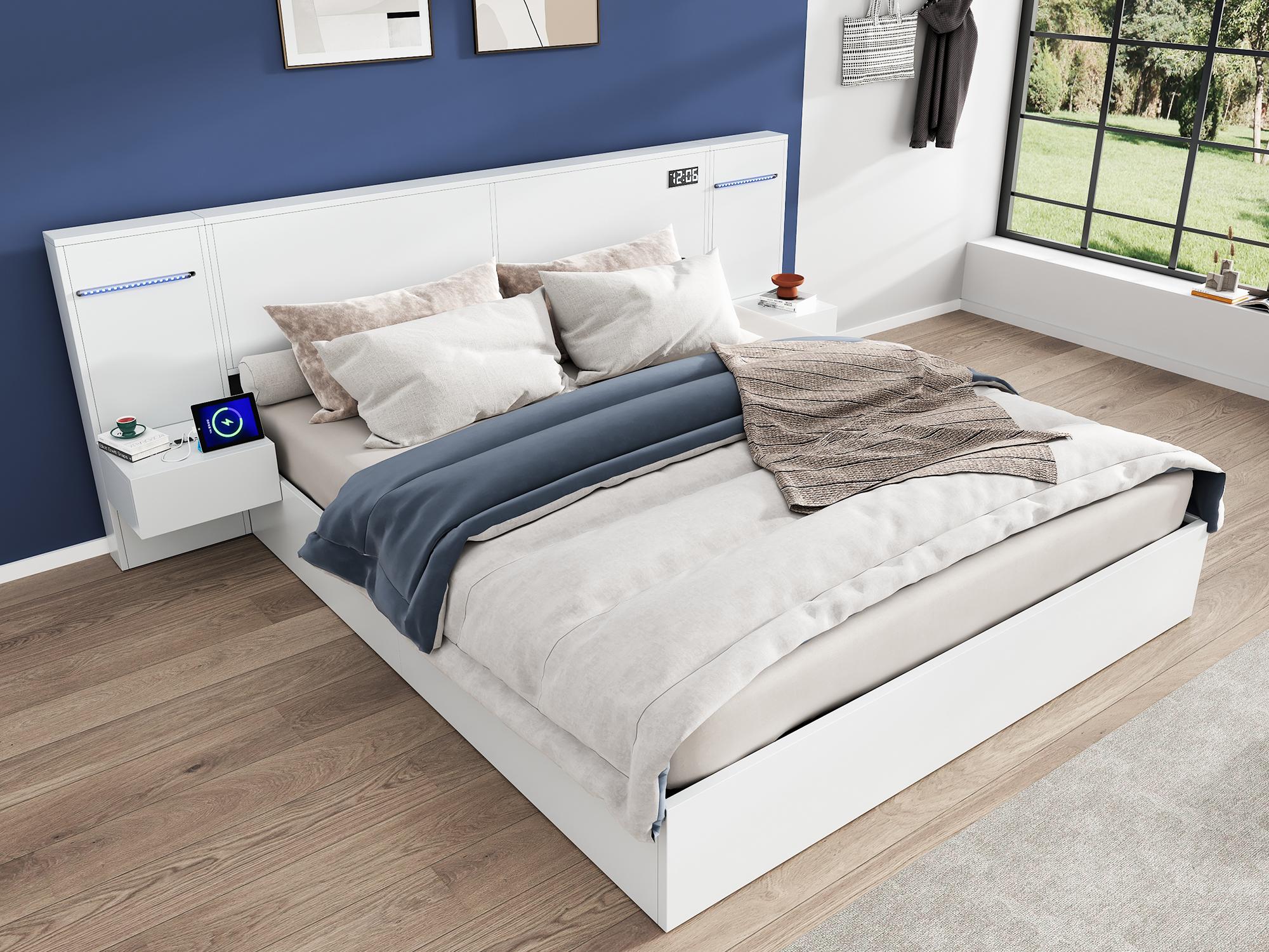 Łóżko drewniane dla dorosłych 160x200 cm - z 2 stolikami nocnymi - z portem USB do ładowania, głośnikiem Bluetooth i zegarem cyfrowym - Biały