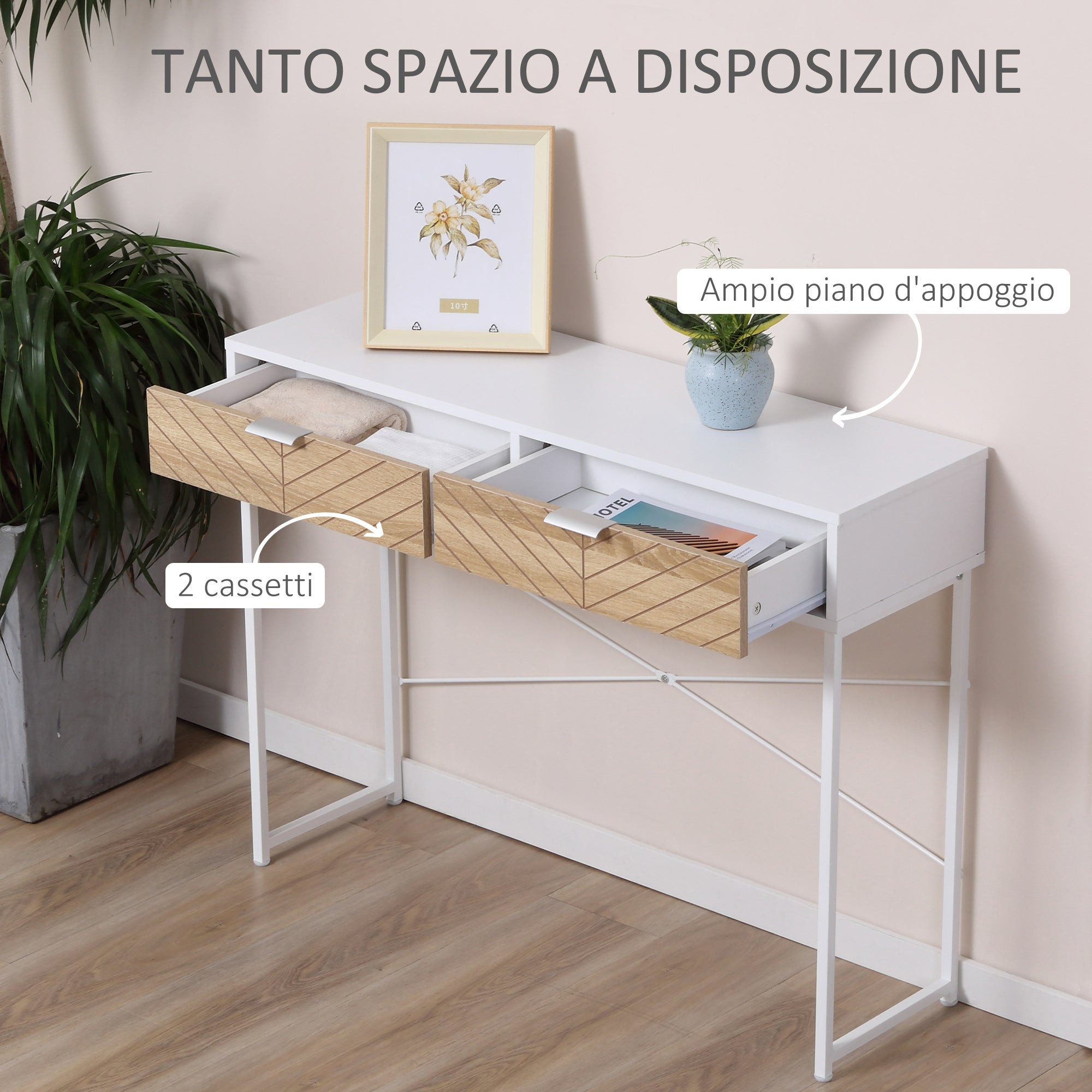 HOMCOM Consolle da Ingresso Moderna con 2 Cassetti in Metallo e Struttura Incrociata, 100x30x75 cm, Bianco - 5