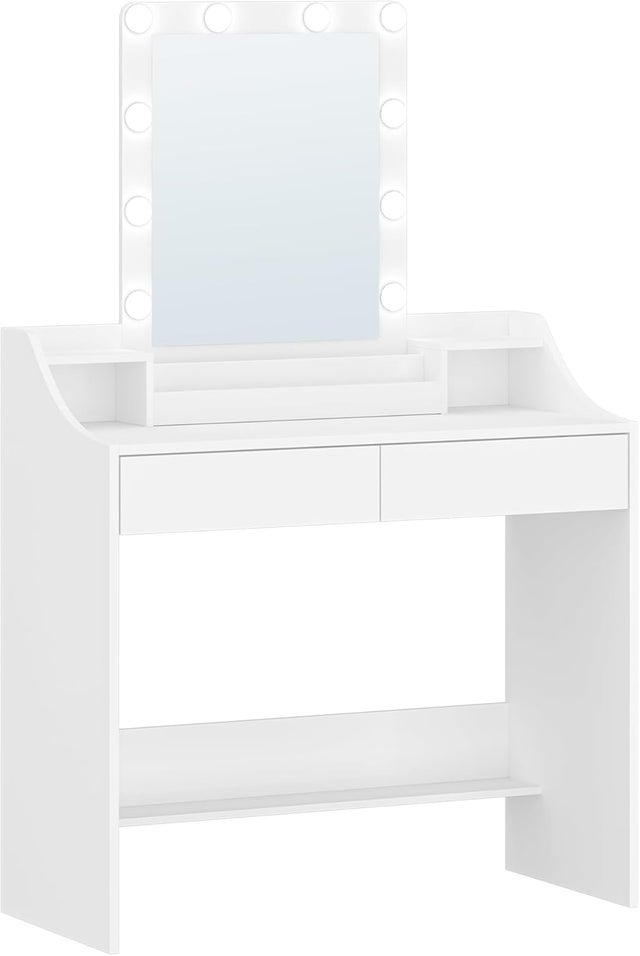 Toaletka 90 cm z Oświetleniem Led, Regulowana Jasność, Toaletka z Lustrem, z 2 Szufladami I 2 Otwartymi Przegrodami, Nowoczesna, Biała