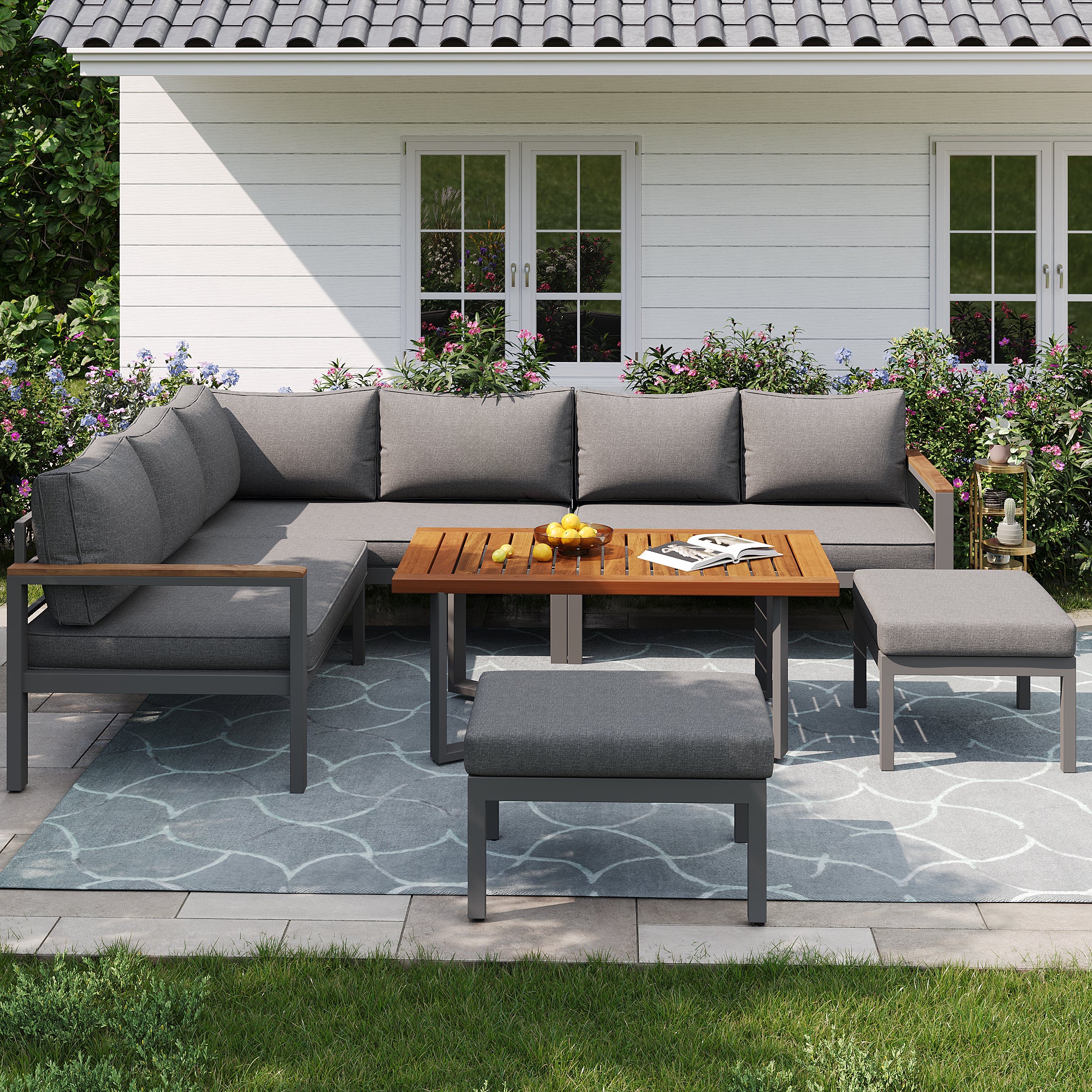 Mobiliario de jardín modular en hierro galvanizado: 3 sofás de 2 plazas + 2 bancos + 1 mesa de centro - Gris - 6