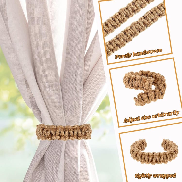 Zestaw 2 plecionych elastycznych sznurków do zasłon w stylu boho i rustykalnym - eleganckie sznurki do zasłon z juty - 2