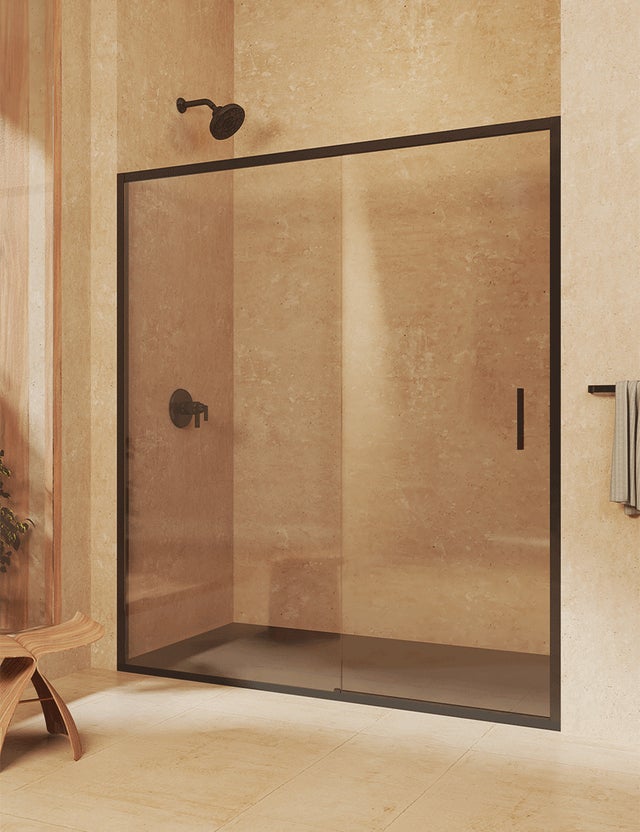 Mampara de ducha frontal corredera + fijo, sin perfil inferior, Vidrio de seguridad 6mm antical, 118,5 a 123 cm x 195cm H, REVERSIBLE, Negro