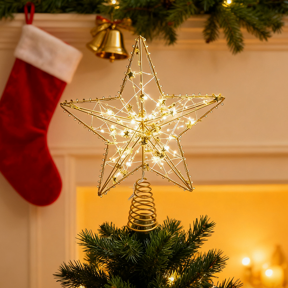 Topo de árvore de Natal em forma de estrela com luzes LED, decorações de Natal douradas, topo de árvore de Natal, enfeite de Natal - 2