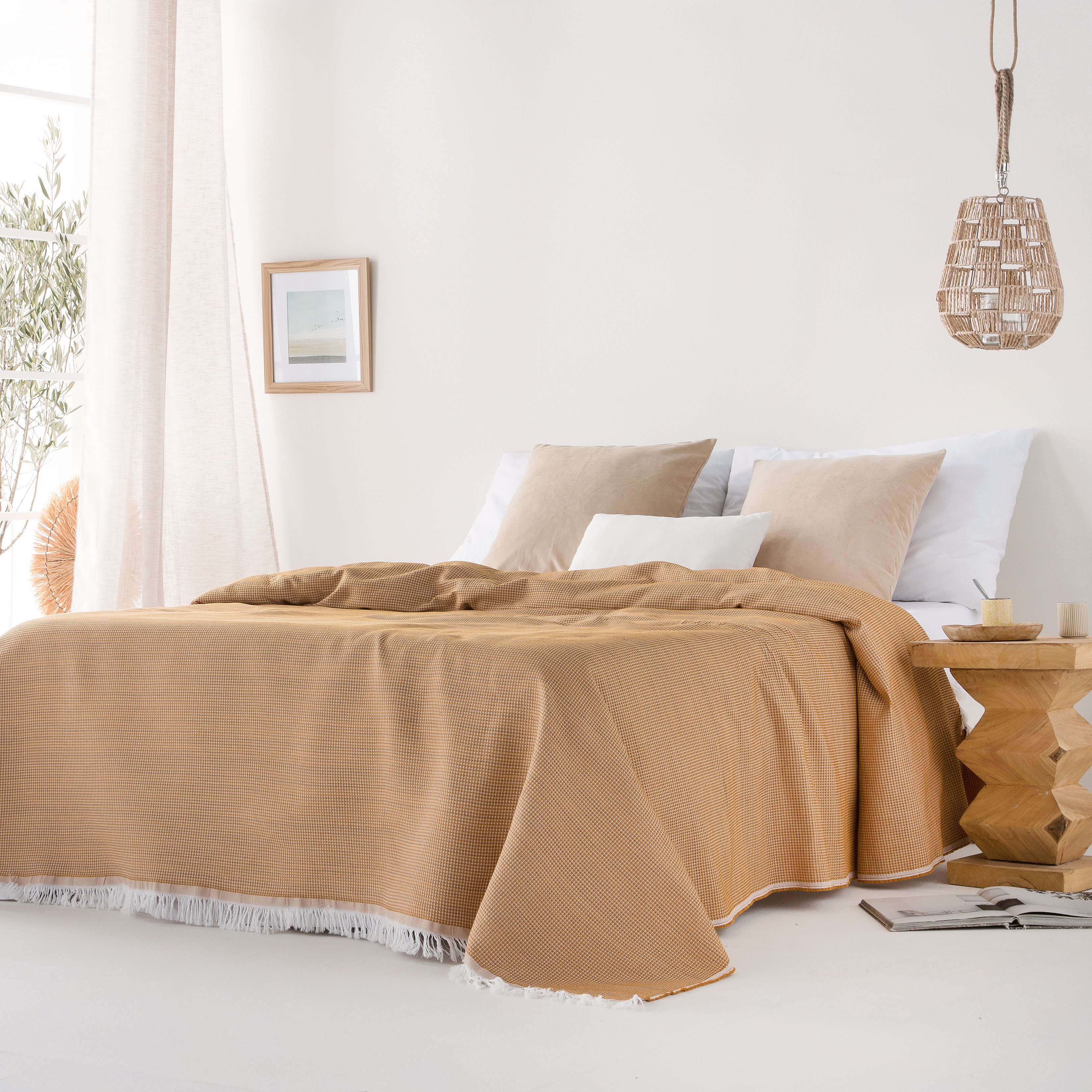 Plaid couvre-lit polyvalent, jeté de canapé Nid d'abeille coton 180x280cm coloris Ocre - 2