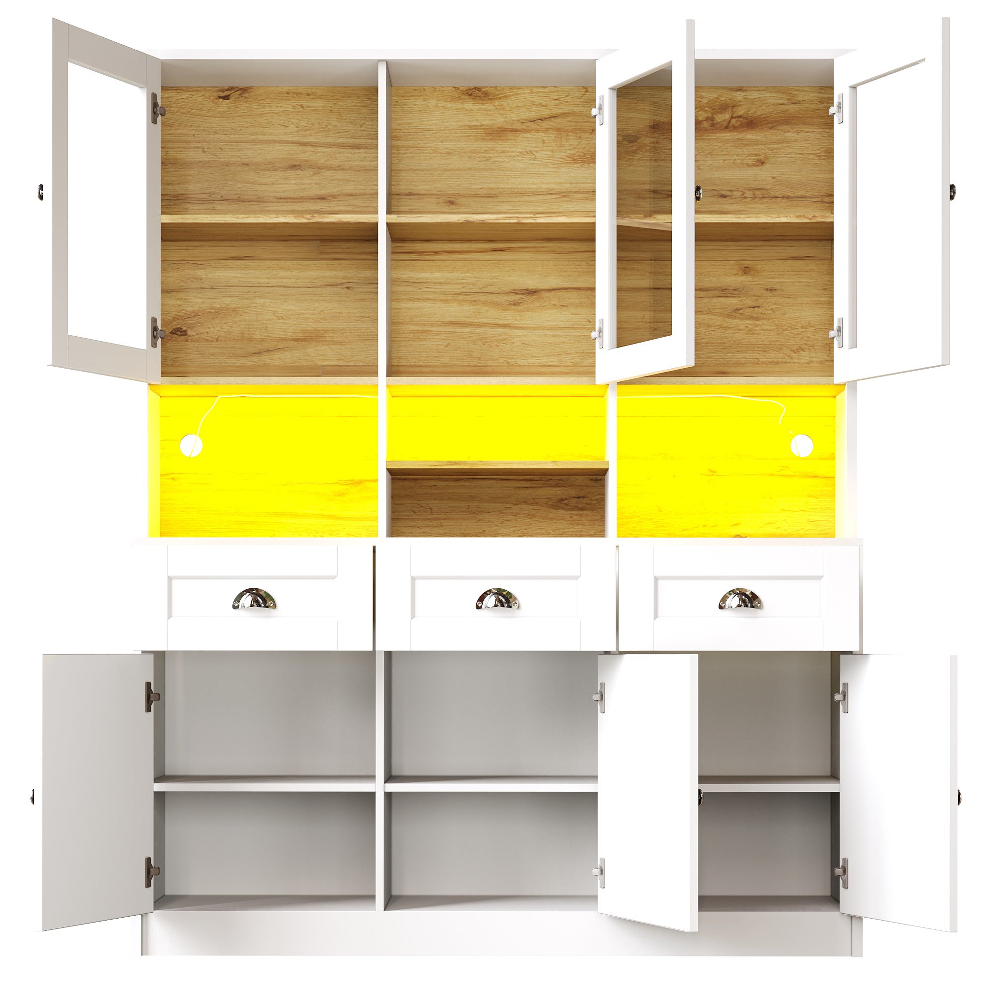 Credenza da cucina con 6 ante e 3 cassetti, vetrina - 140 x 40 x 175 cm - LED - MDF - Bianco - 7