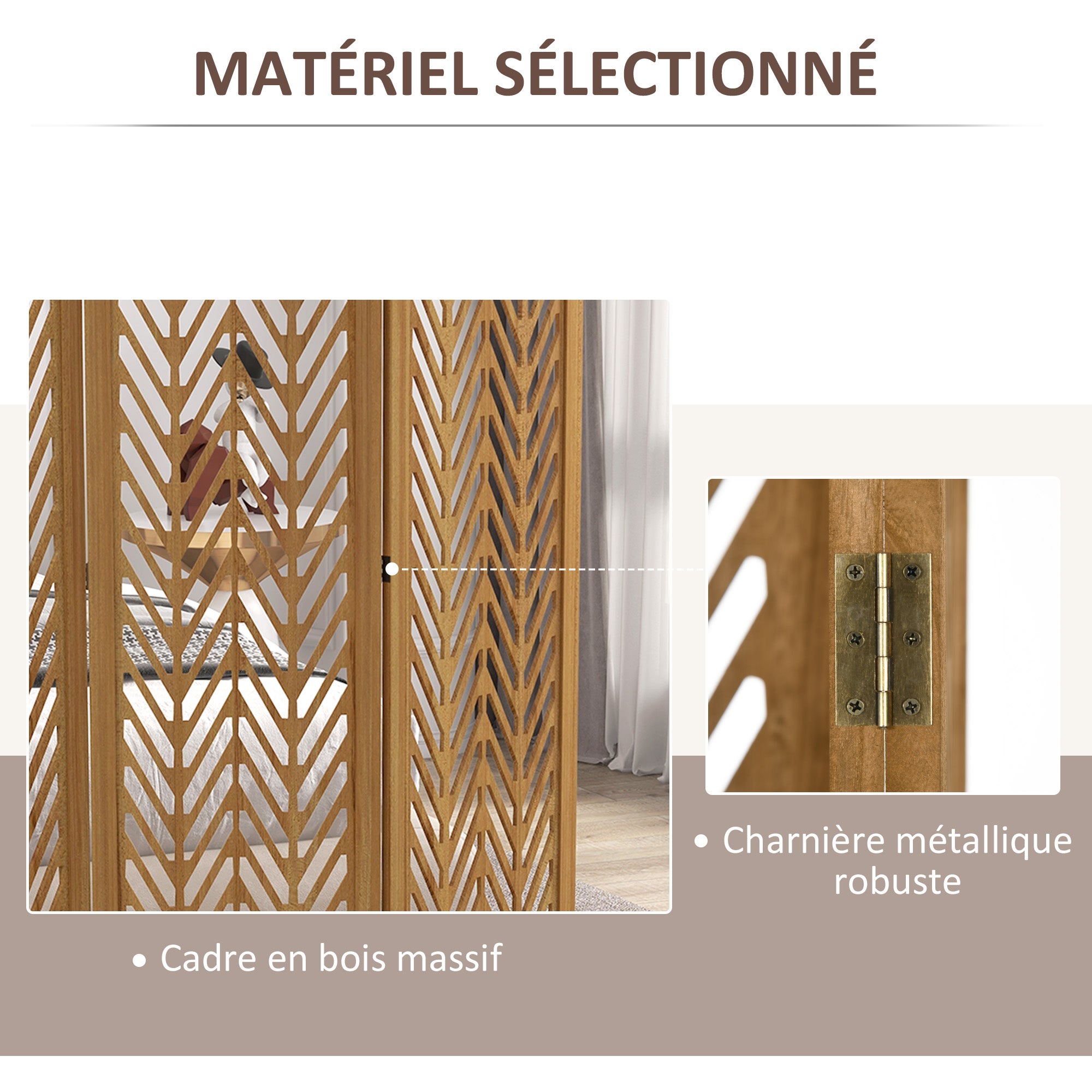 Paravent en bois ajouré séparateur de pièce closion intérieur pliable 3 panneaux en bois 120x170cm naturel - 7
