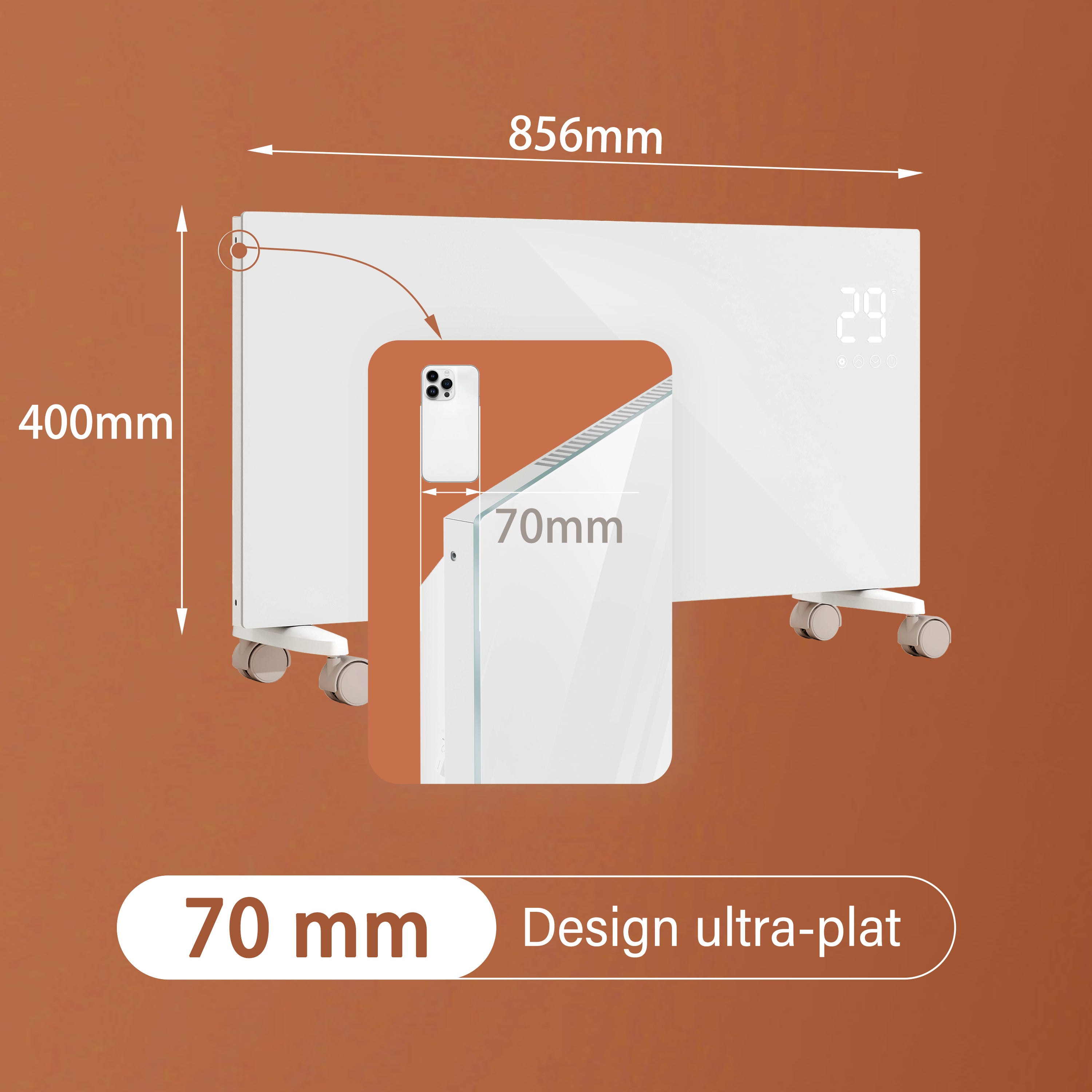 Radiateur électrique 2000W — Connecté WiFi — 2 en 1 mural et mobile — Ultra-plat 70mm — Verre blanc glacé — Grande surface - 2