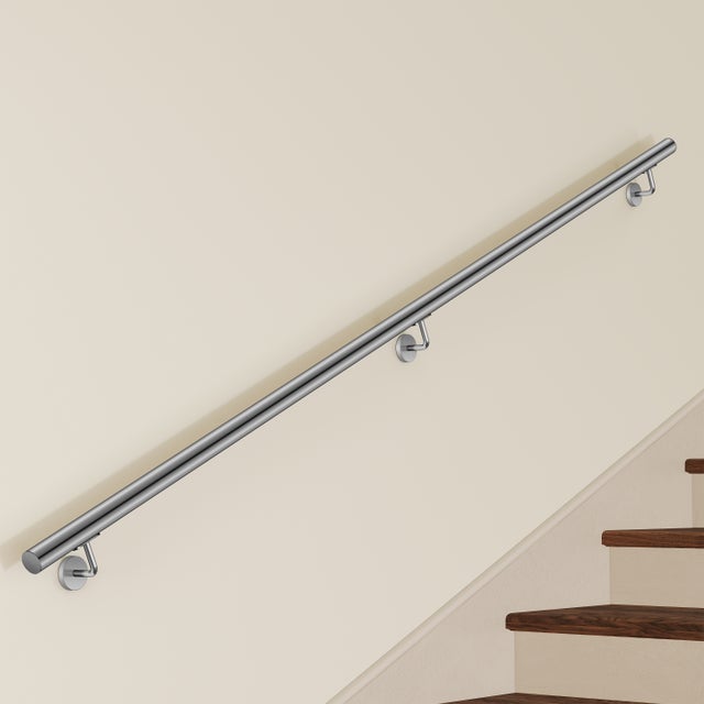 Main Courante Murale pour Escalier en Inox 304 argent - Rampe Escalier 240 cm avec Supports Fixation et Embouts Inclus - Usage Intérieur & Extérieur