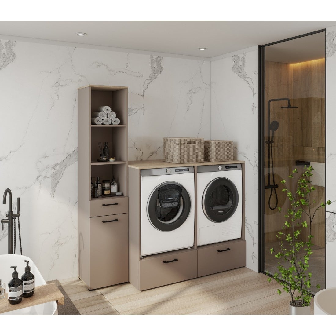 Mueble de almacenamiento para lavadora y secadora colección WASHING – 2 cajones – Topo y roble - 4