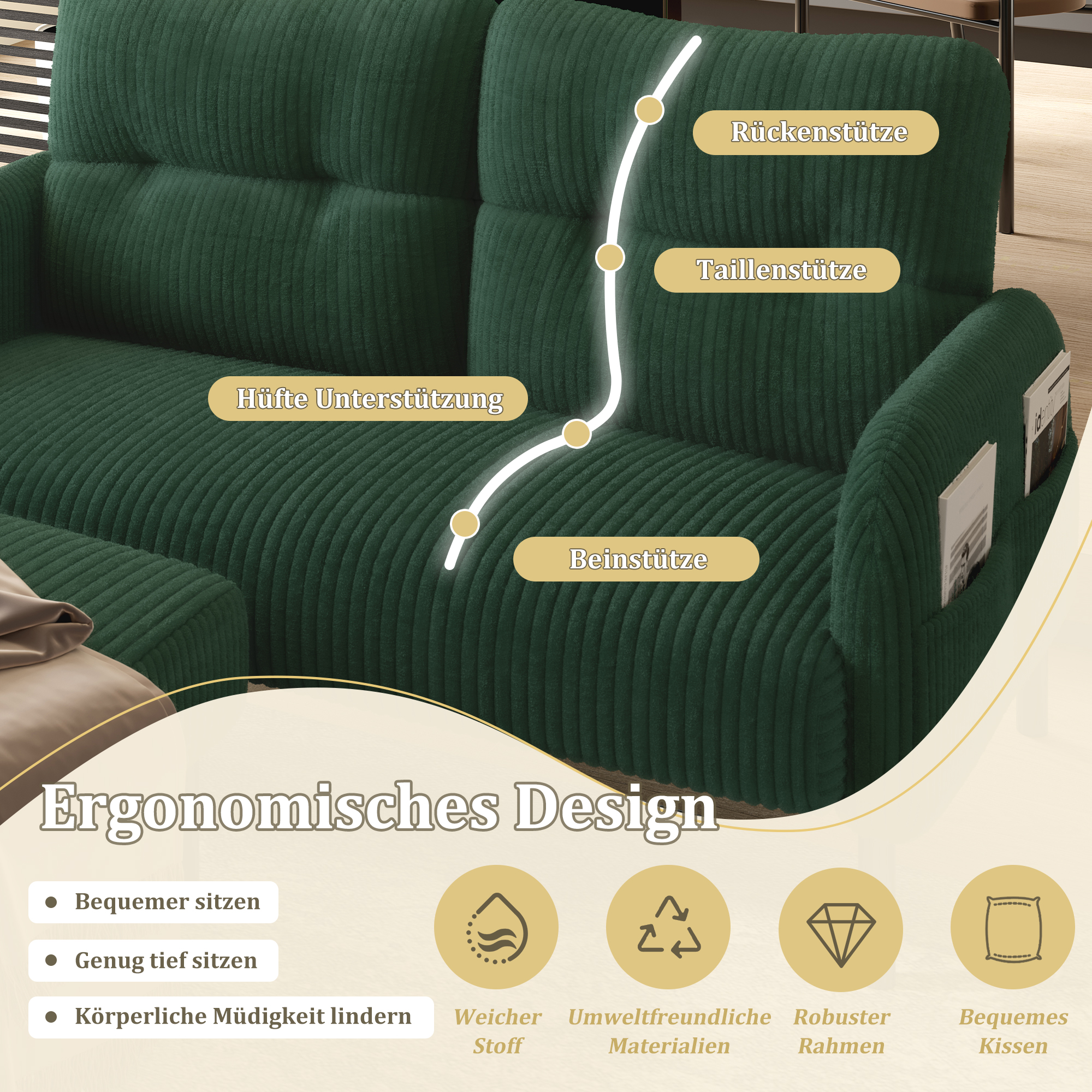 Canapé 2 places velours côtelé - Dossier haut pieds métal poches latérales pour salon/bureau - 4