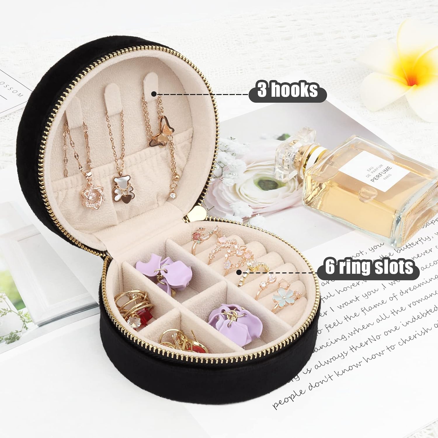 Mini boîte à bijoux en velours, boîte à bijoux de voyage, peut contenir des bagues, des boucles d'oreilles et des colliers, noire. - 3