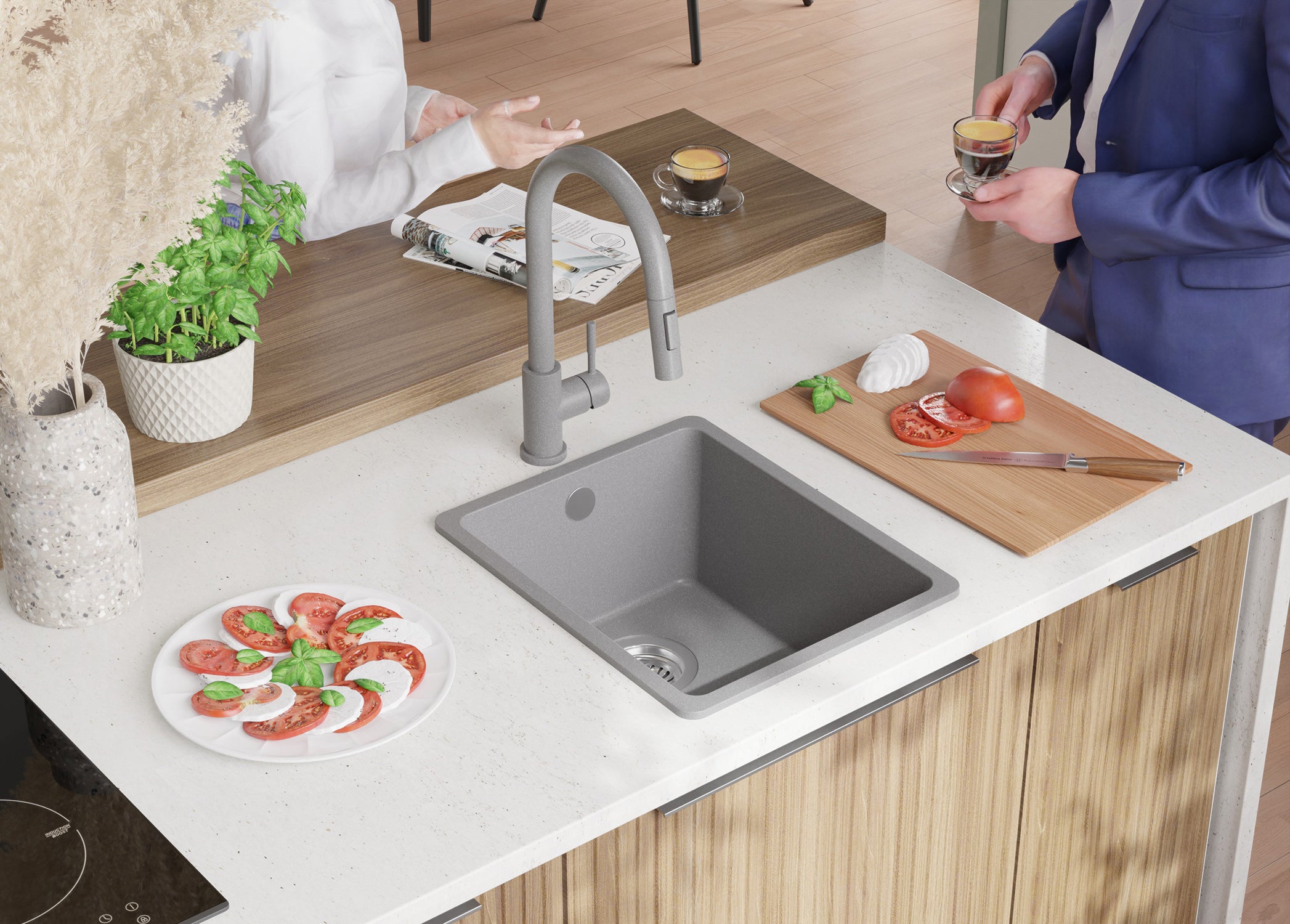 Lavello da Cucina Grigio 36x44cm, Lavandino in Granito a 1 vasca + Sifone Classico + Accessori, Lavabo da Cucina Incasso al mobile 40cm PRIMAGRAN - 3