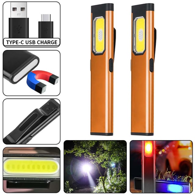 2pcs Lampe COB LED avec queue magnétique et clip ceinture, rechargeable USB, légère et idéale pour tâches mains libres, Orange