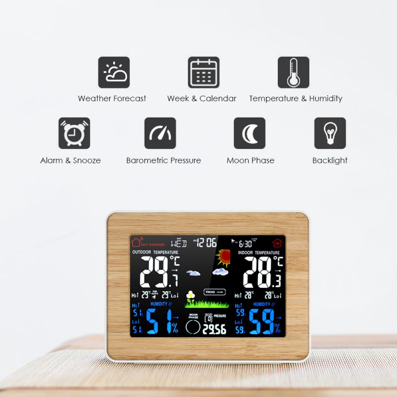 Reloj despertador inalámbrico multifuncional con pronóstico del tiempo y pantalla LCD a color. - 4