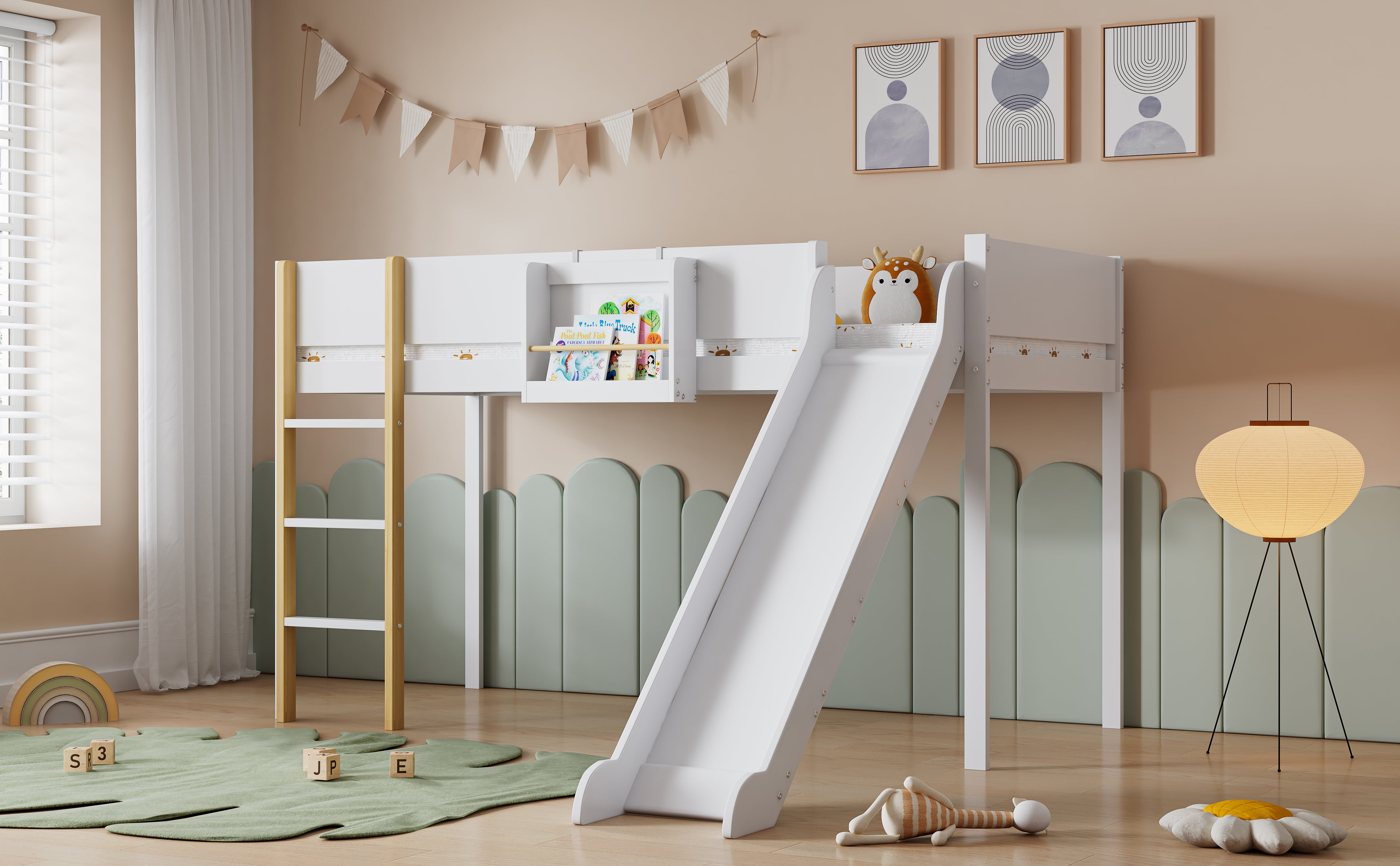 Letto a soppalco 90x200cm, letto a castello con scala dritta a tre gradini, letto per bambini, letto per ragazzi con scivolo, bianco+naturale - 4