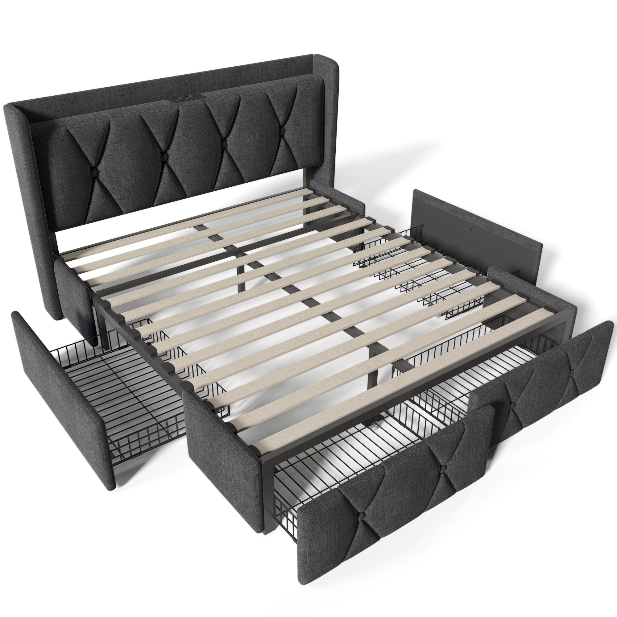 Cama tapizada 160 x 200 cm con cabecero y 4 cajones - USB - tela de lino - gris - 4