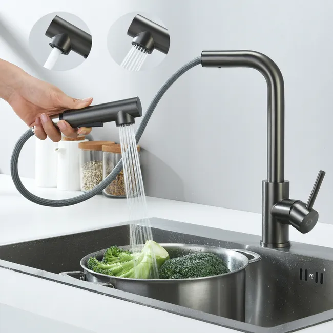 Bateria kuchenna z wyciąganą wylewką, obrotowa o 360° wykonana ze stali nierdzewnej, bateria kuchenna do zlewu z 2 funkcjami, mieszacz kuchenny