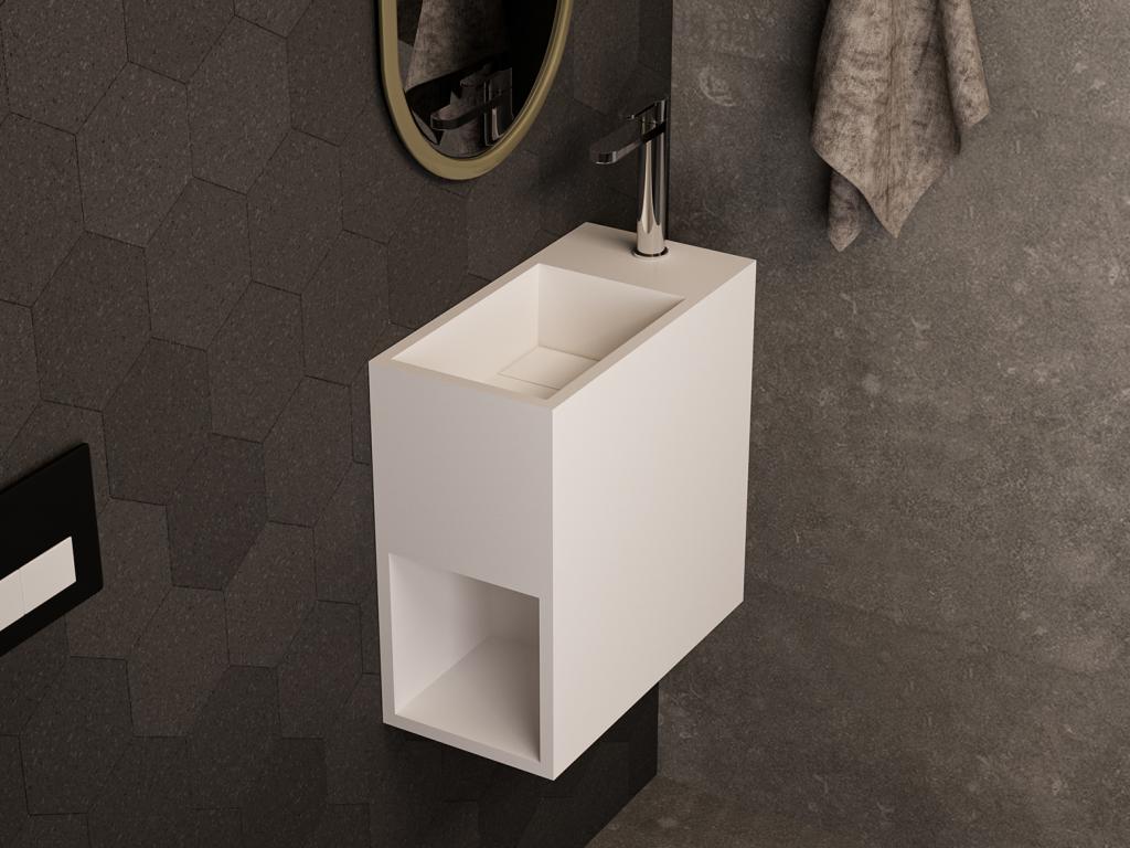 Biała szafka pod umywalkę wisząca z solid surface z wnęką - 40 cm - PUMORI