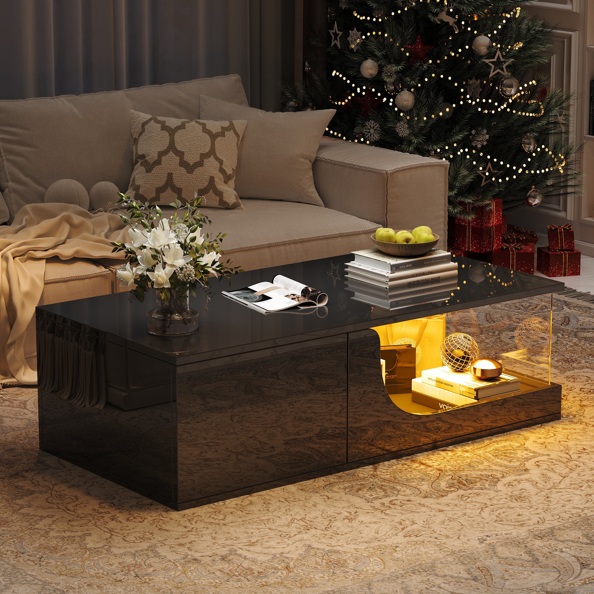Stolik kawowy z 2 szufladami i 1 przegrodą - 100 x 50 x 30 cm - diody LED - płyta MDF - do salonu - połyskujący czarny