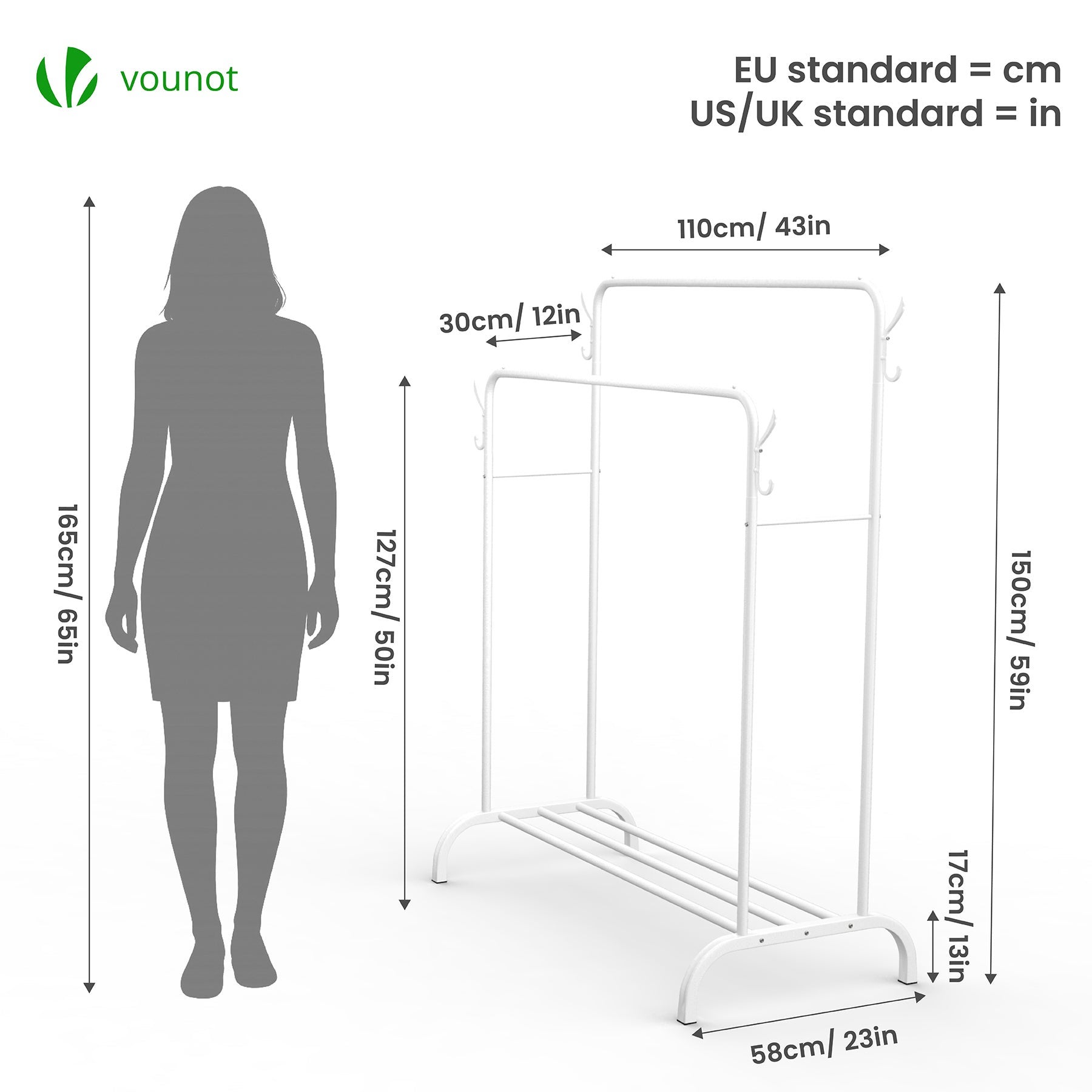 Portant a Vetements Double avec etagere Chaussures 4 Crochets Lateraux 110x58x150cm metal Blanc VOUNOT® - 3