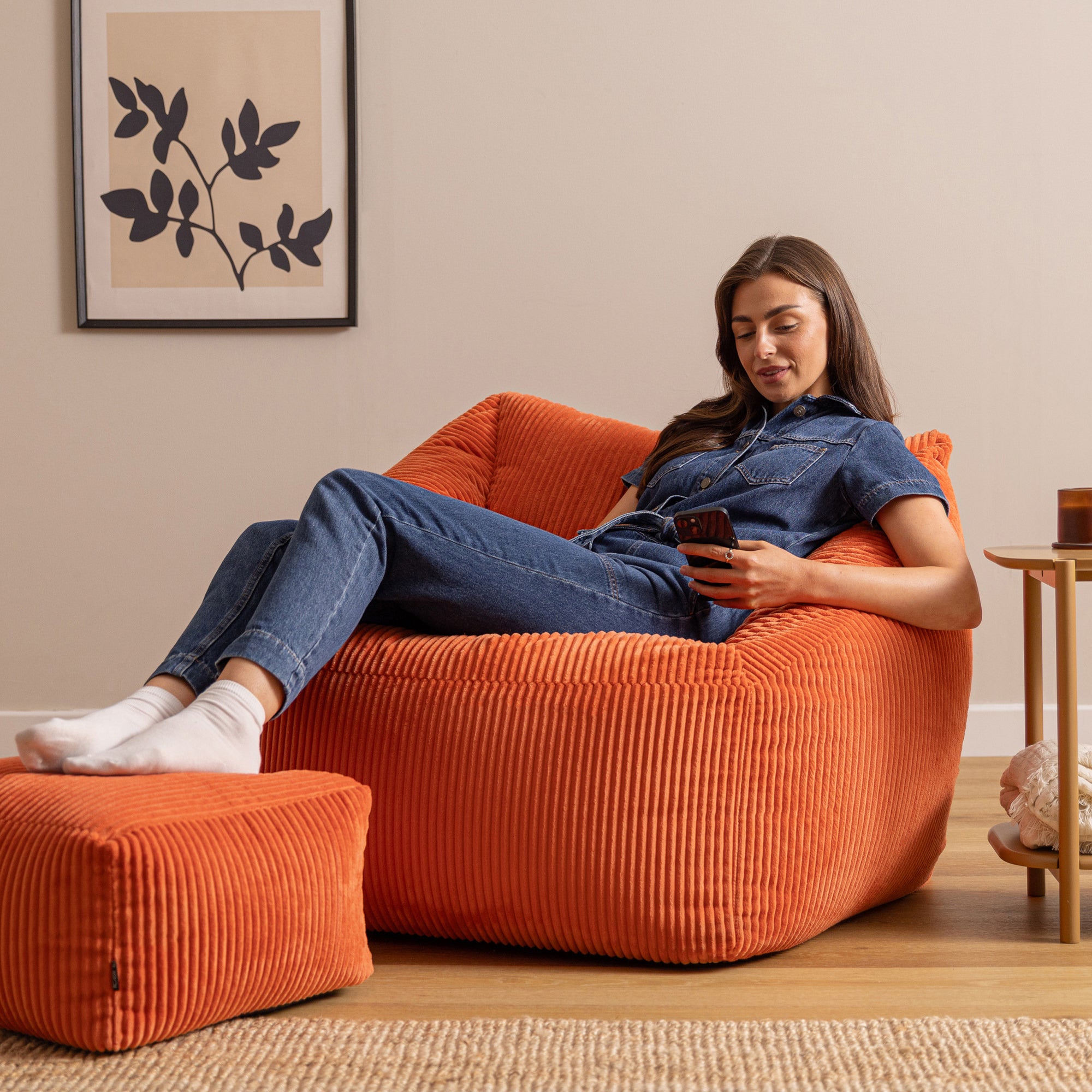 Pouf fauteuil salon avec repose-pied carré Icon velours côtelé orange 97x84cm Oeko-Tex® - 3