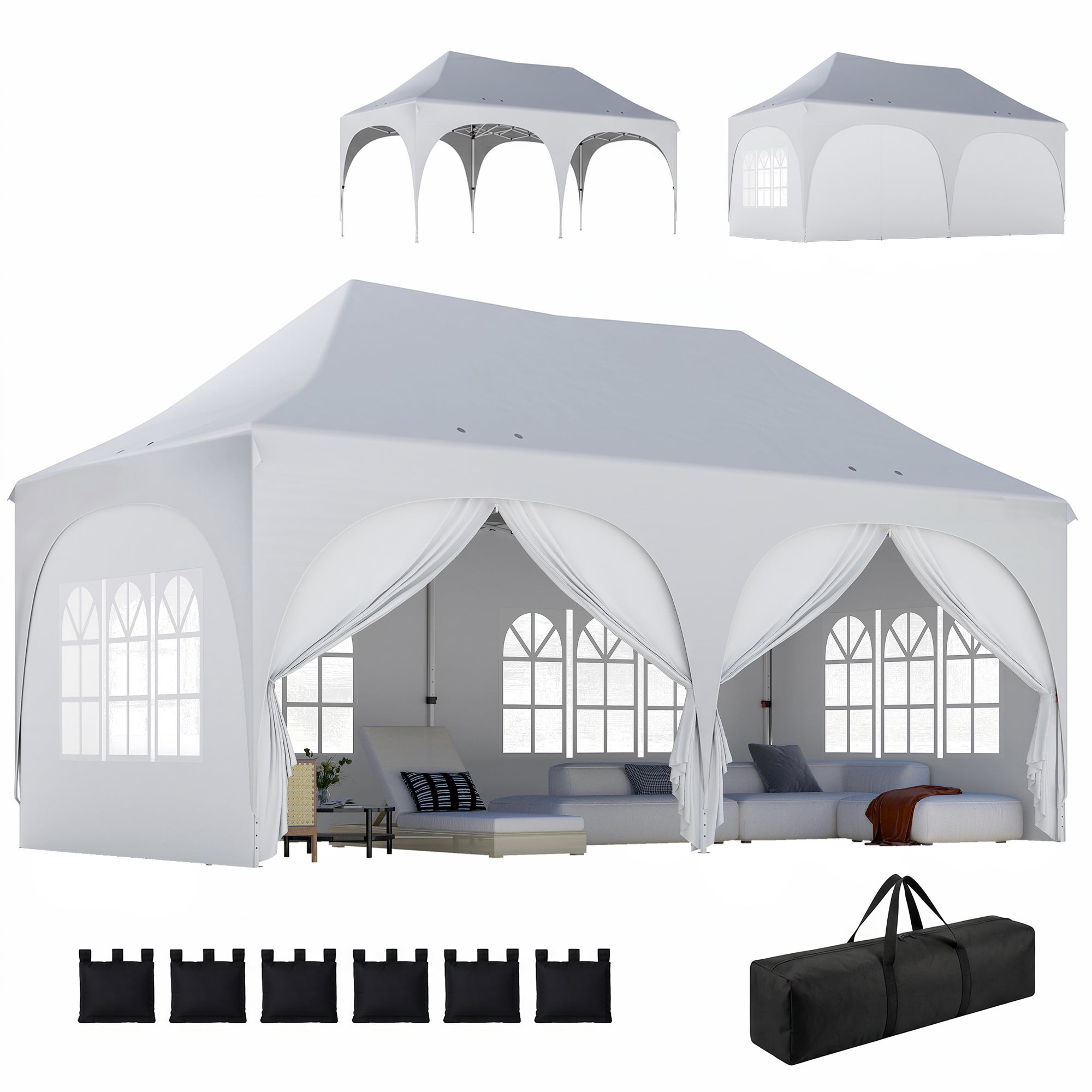 Cenador plegable de jardín de 3x6 m con paredes desmontables y bolsa de transporte, color blanco.