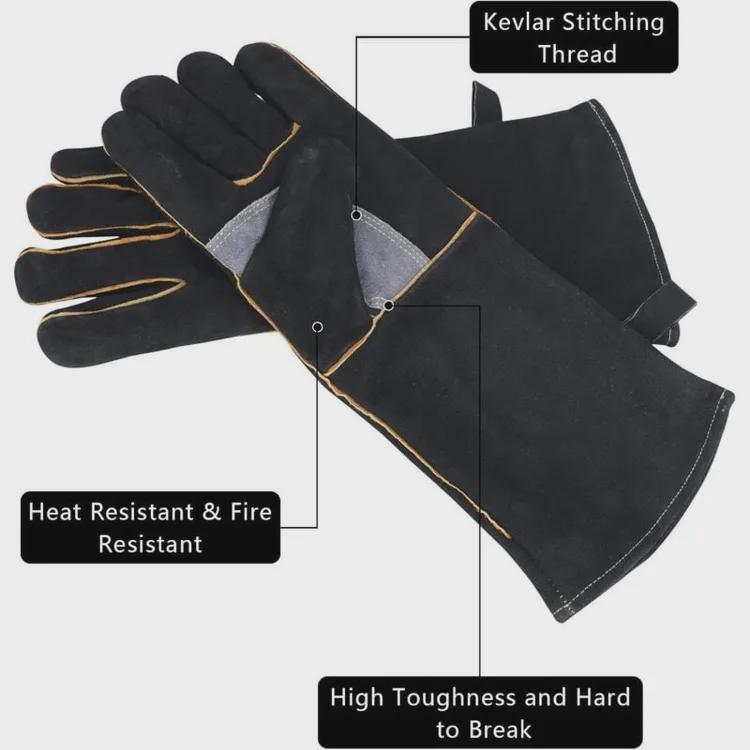 ShawFly Gants Résistants à La Chaleur 14 Pouces - Gants De Soudage Cuir Vachette Barbecue Cheminée
