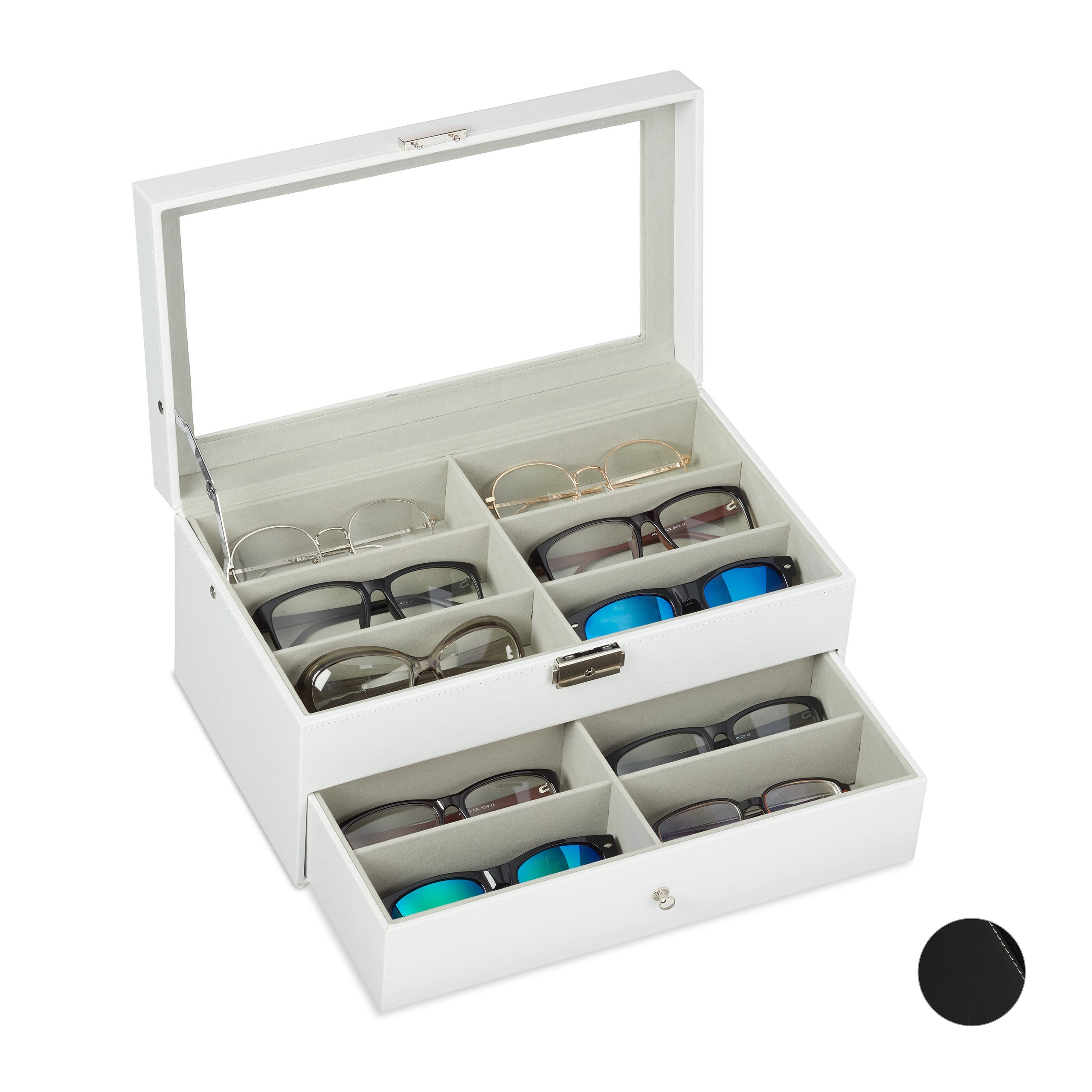 Relaxdays Caja Gafas con 12 Compartimentos Organizador 1 Ud Cuero Sintetico Cristal 15 5 x 33 5 x 19 cm Blanco Leroy Merlin