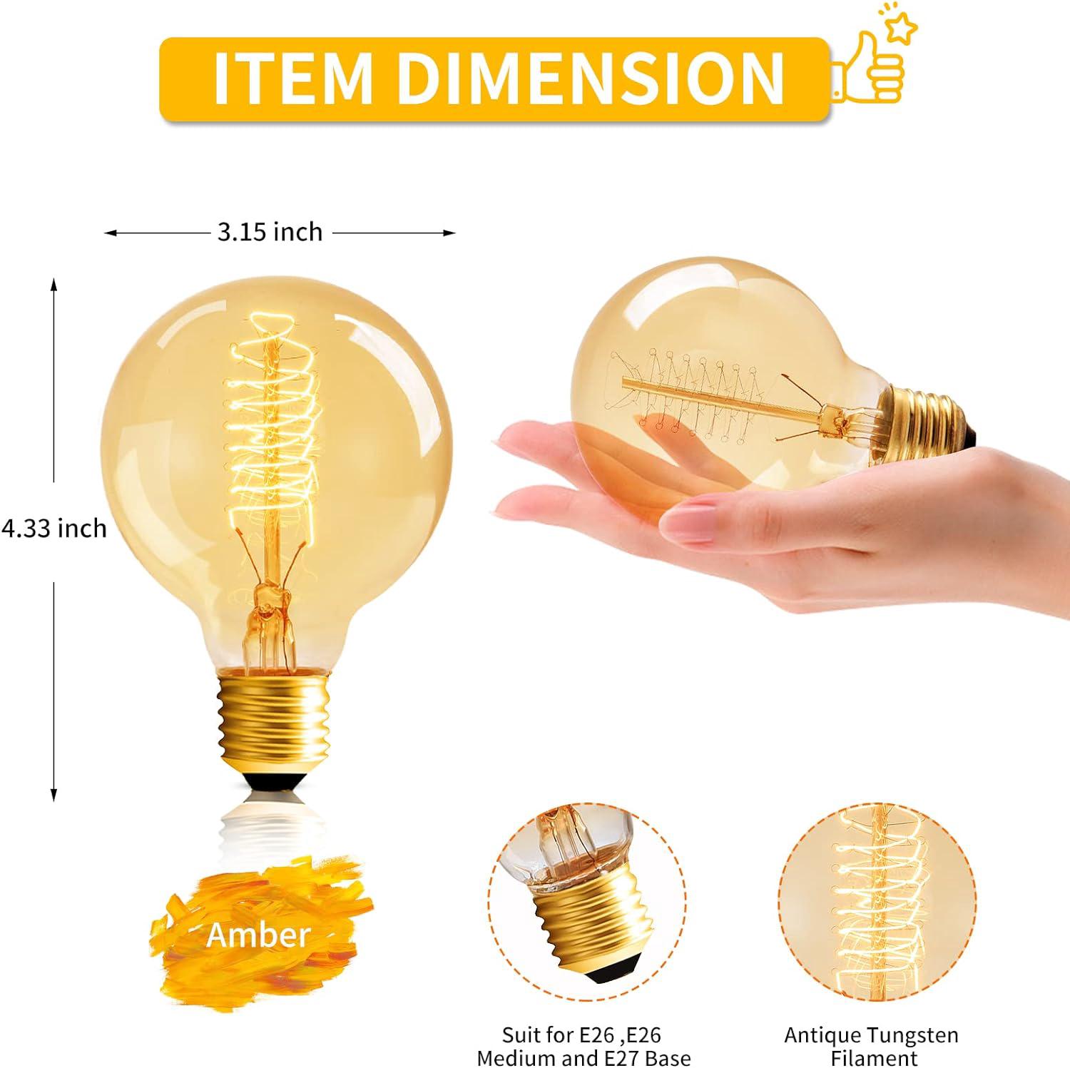 Ampoules Globe Edison, lot de 8 ampoules Edison vintage 60 W, ampoules Edison à filament spiralé, culot E26 - Lumière chaude teintée ambrée - 120 V à - 2