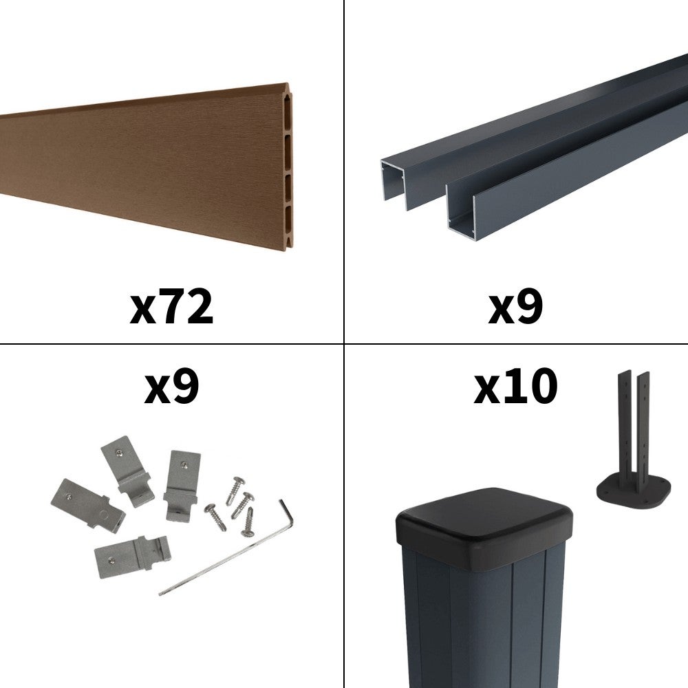 Kit Clôture Composite sur Muret RIO Bronze 16,5x1,2m - Bois composite & Aluminium - Poteaux sur Platines Gris - Brise vue - 3