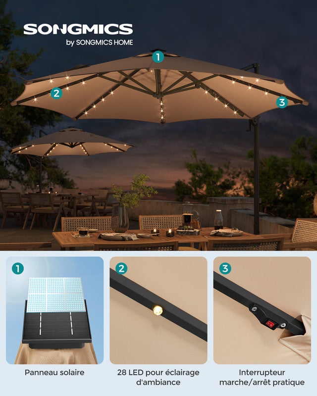 Parasol de Jardin 300 cm, 28 LED Solaires, UPF 50+, Pivotant à 360°, Inclinaison Fluide, Manivelle, avec Base en Croix, Marron Chameau - 2