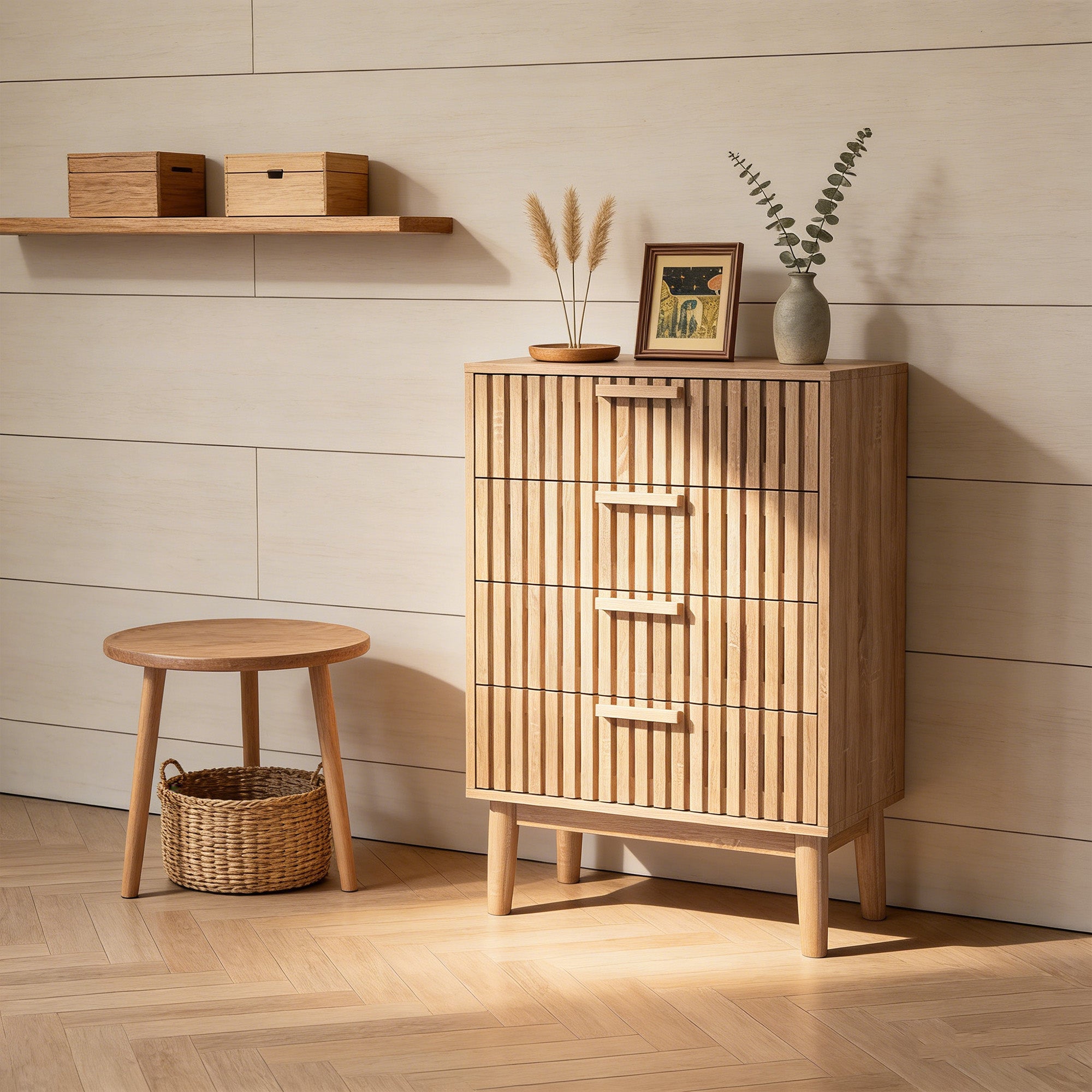 Commode avec 4 tiroirs, COZY, commode de chambre en bois, pieds en bois, 60x34x91 cm, Aspect bois, pour chambre salon, Bois clair - 4