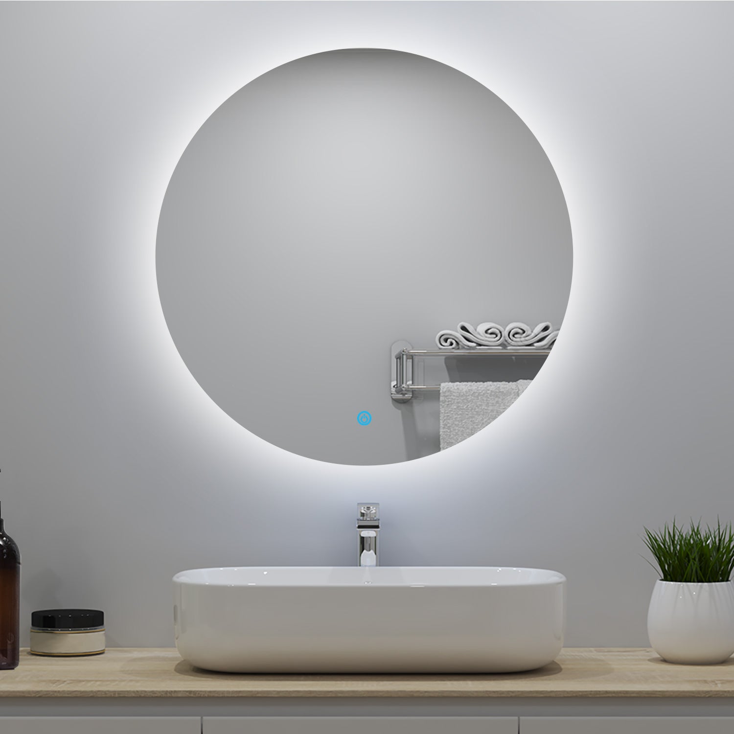 Miroir lumineux rond 70x70cm avec Anti-buée + Dimmable, Mural Miroir ...