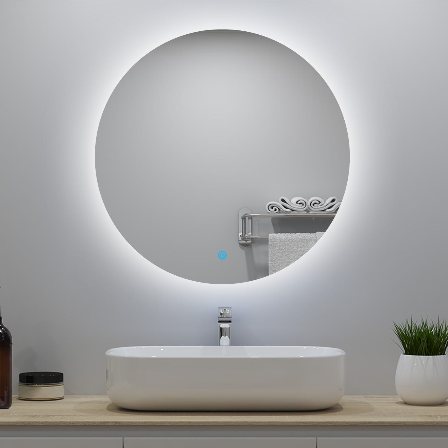 Miroir lumineux rond 70x70cm avec Anti-buée + Dimmable, Mural Miroir ...