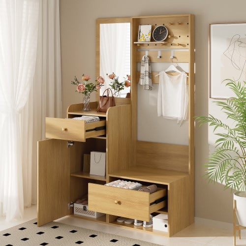 Armoire compacte, étagère d'entrée multifonctionnelle et moderne – élégant meuble de rangement couleur bois avec miroir, crochets, 105 cm - 5