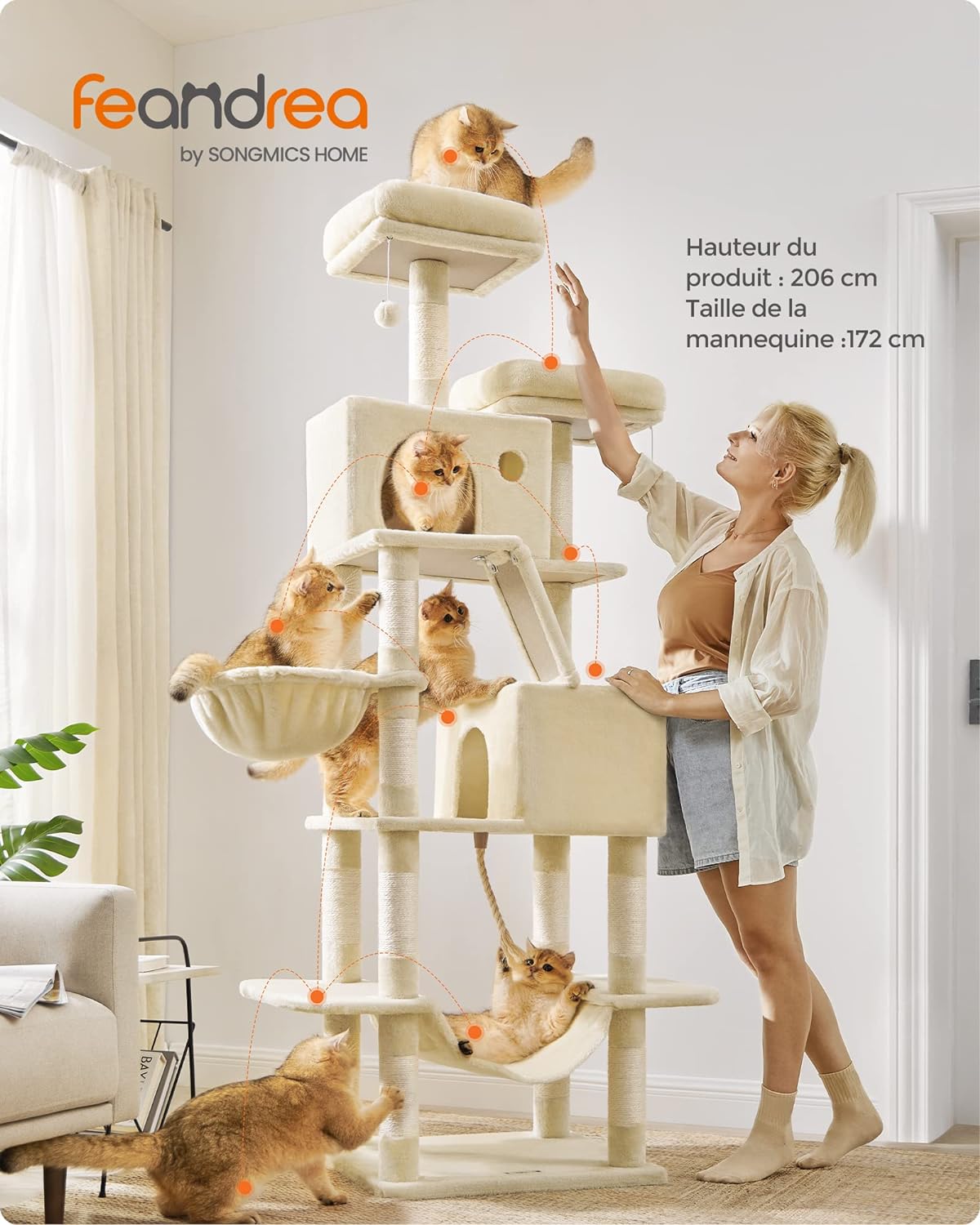 Arbre à Chat, Grande Tour de Jeux, Hauteur 206 cm, Beige - 2