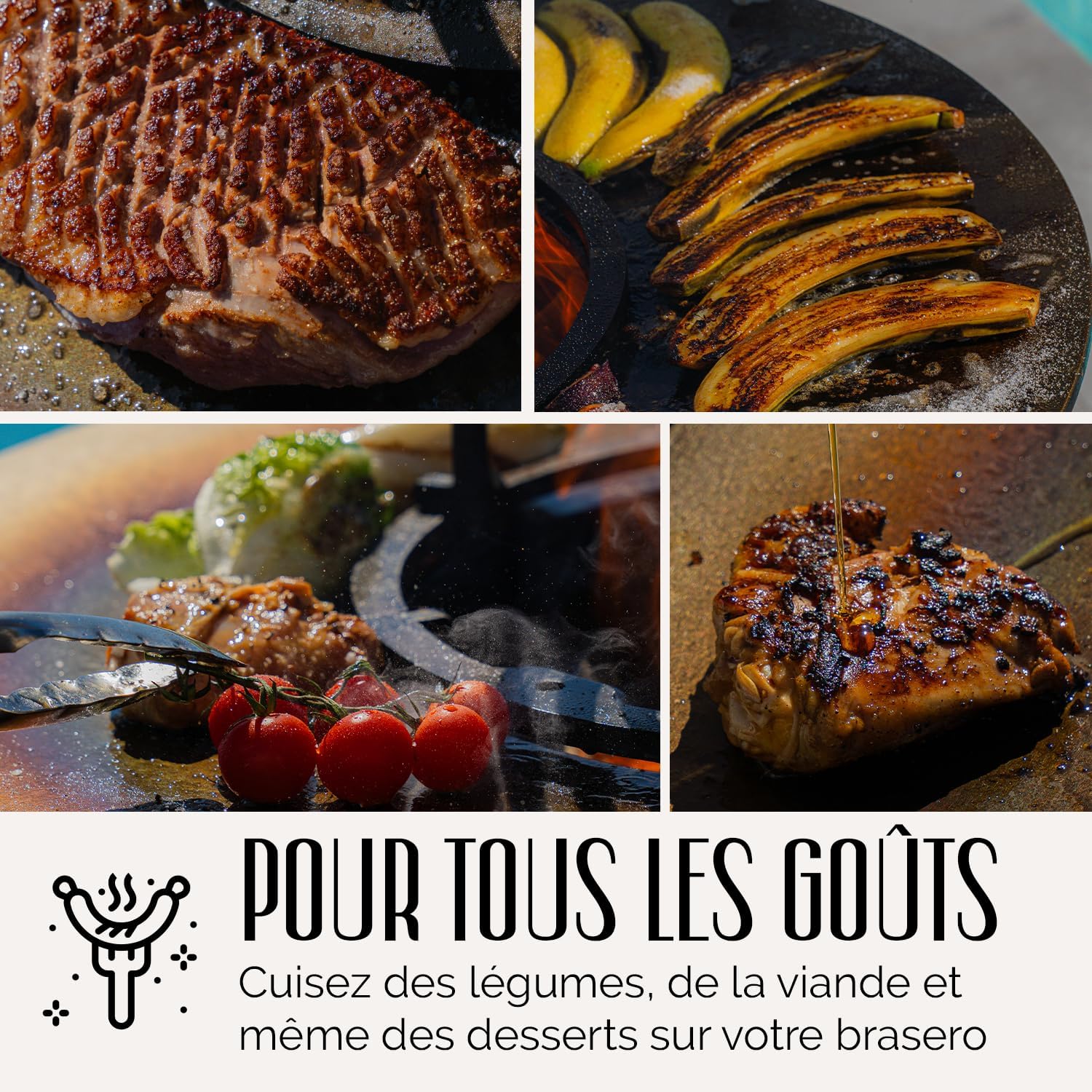 GRILL'CHIC - Pack Privilège Brasero Auvergnat Corten Bois Carré - Simple Cuve - Avec Bâche + Grille + Stop Food Inclus - 4