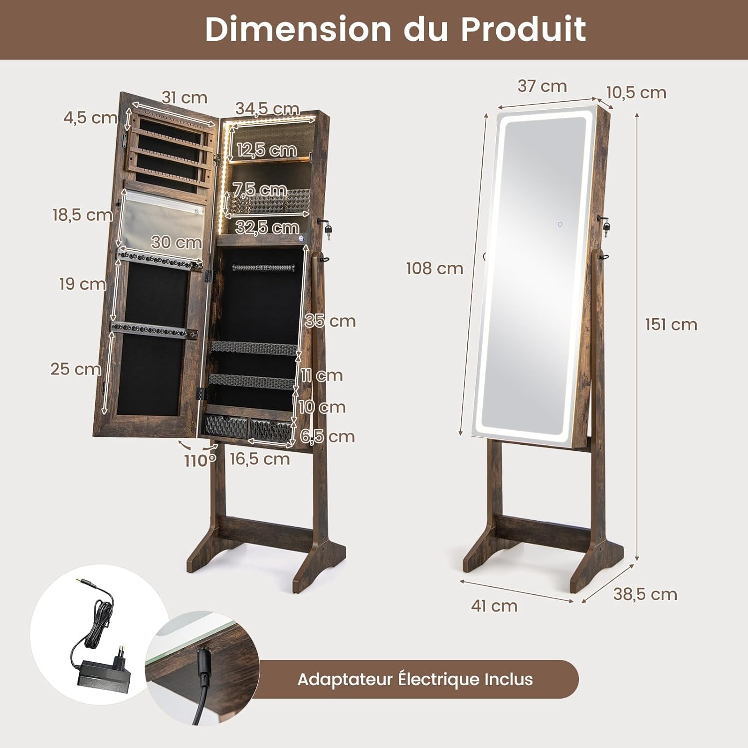 Armoire à Bijoux avec Miroir, Armoire de Rangement sur Pied pour Boucles d'Oreilles, Organisateur de Bijoux Verrouillable avec Lumières(Marron) - 9