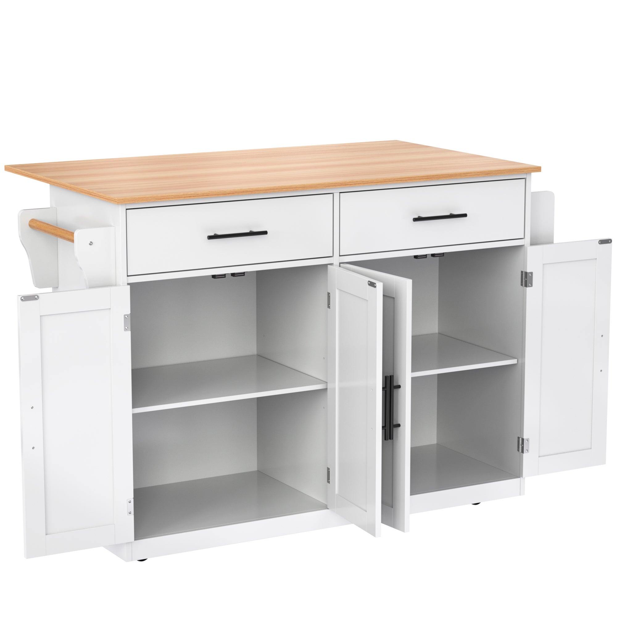 Ilot central de cuisine - 2 tiroirs et 4 compartiments - pieds en roulettes ou en bois - Blanc - 8