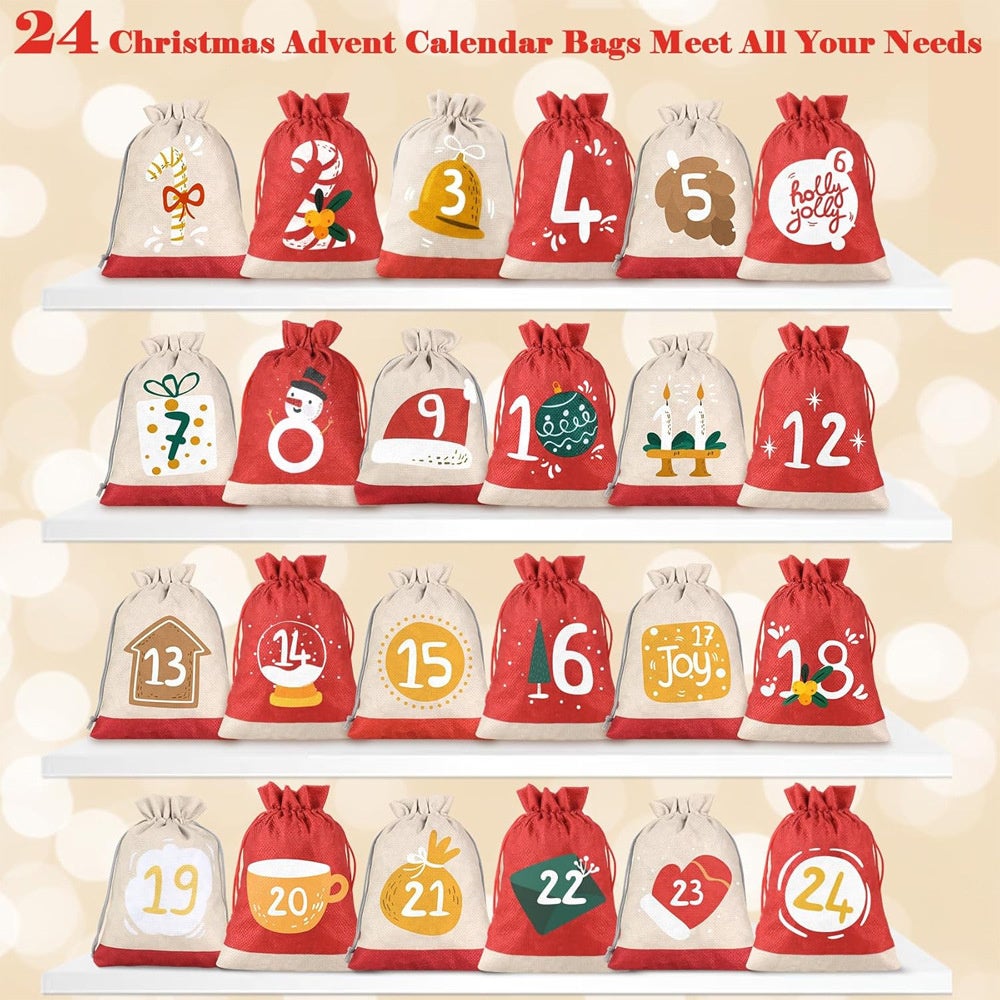 Set per il conto alla rovescia di Natale, sacchetto portaoggetti in lino con coulisse, 24 giorni, con coulisse e clip, 10 x 15 cm - 2